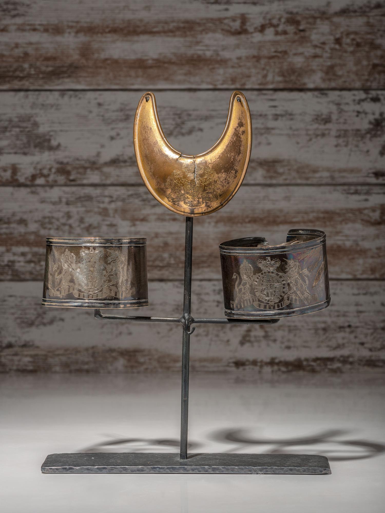 George III Era Sterling Silver Armbands and British Officer's Gilt Copper Gorget, Presented to Ojibwa Chief John Aisance