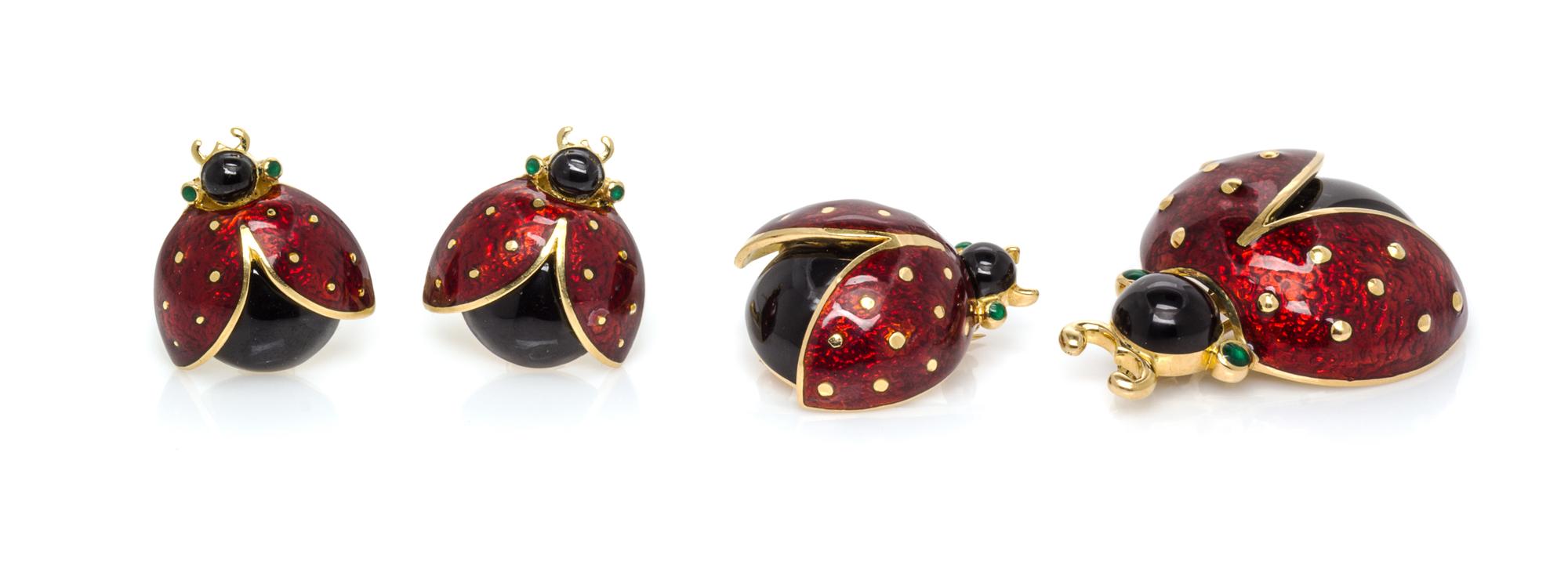 A Collection of 18 Karat Yellow Gold and Polychrome Enamel Lady Bug Motif Jewelry, David Webb, 43.10 dwts.