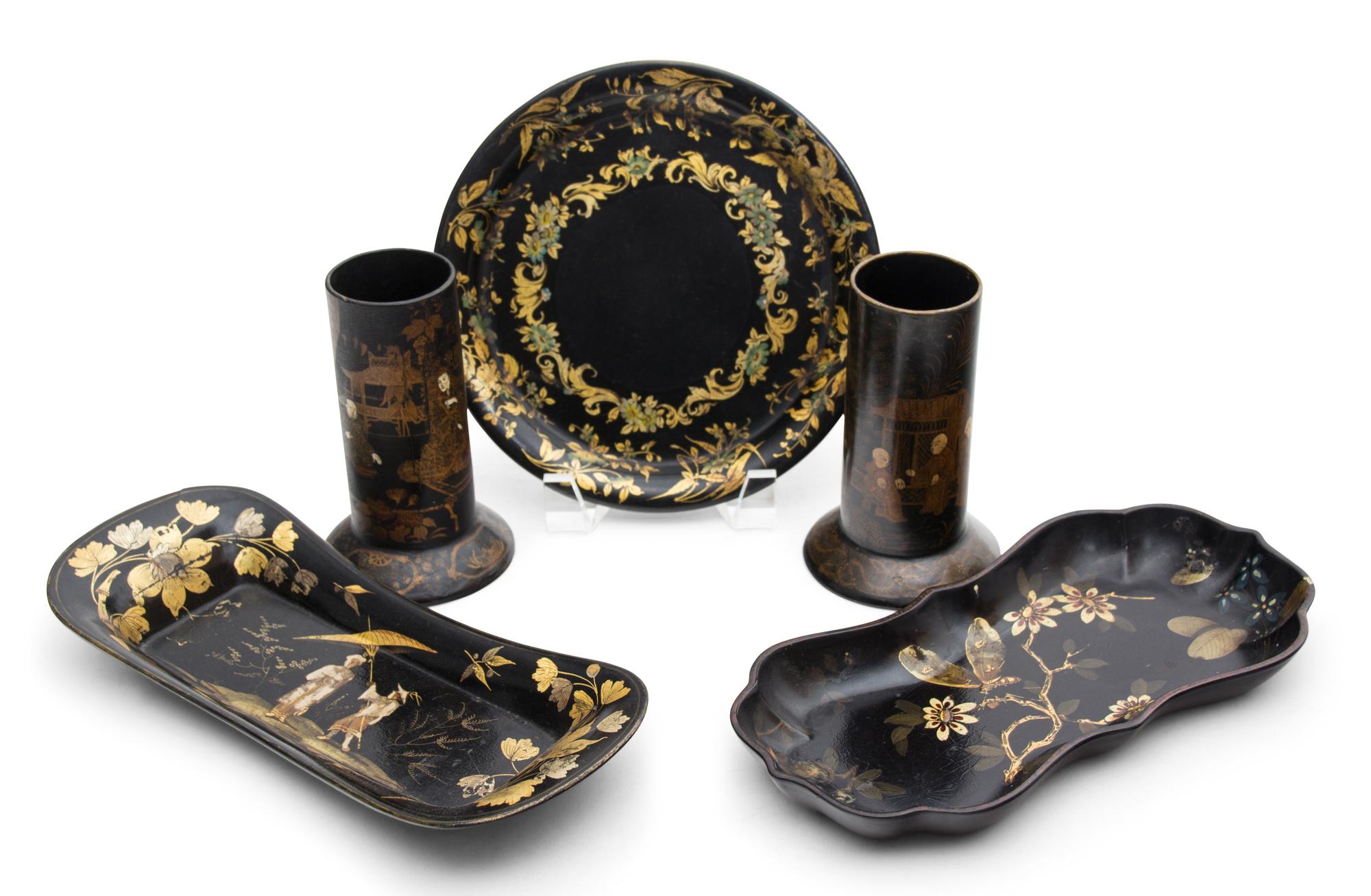 A Collection of Chinoiserie Decorated Papier Mache Articles Length of longest 9 3/4 inches. — 19/20TH CENTURY