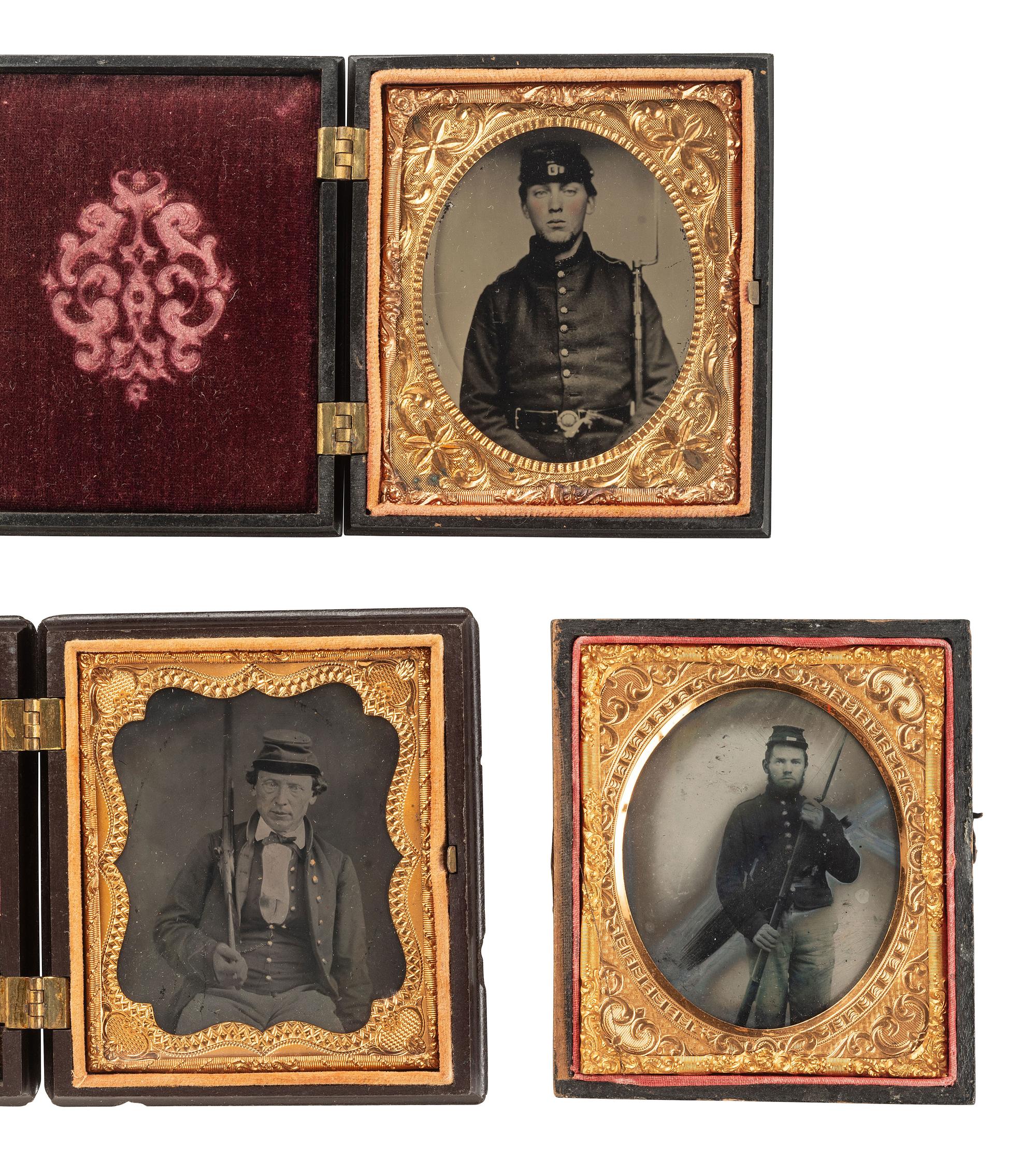 [CIVIL WAR]. 5 sixth plate cased images of soldiers incl. one possibly European, plus.