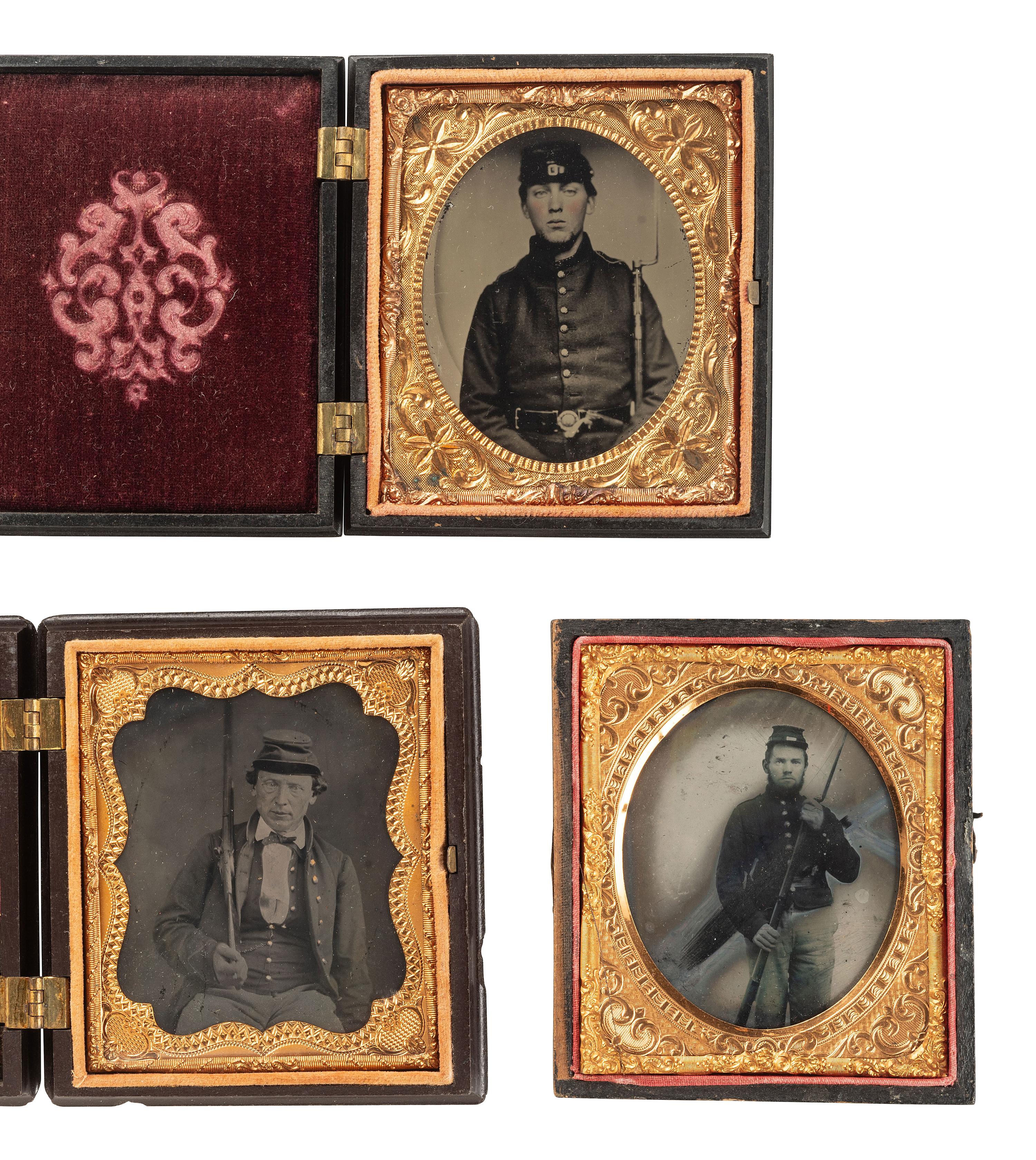 [CIVIL WAR]. 5 sixth plate cased images of soldiers incl. one possibly European, plus.