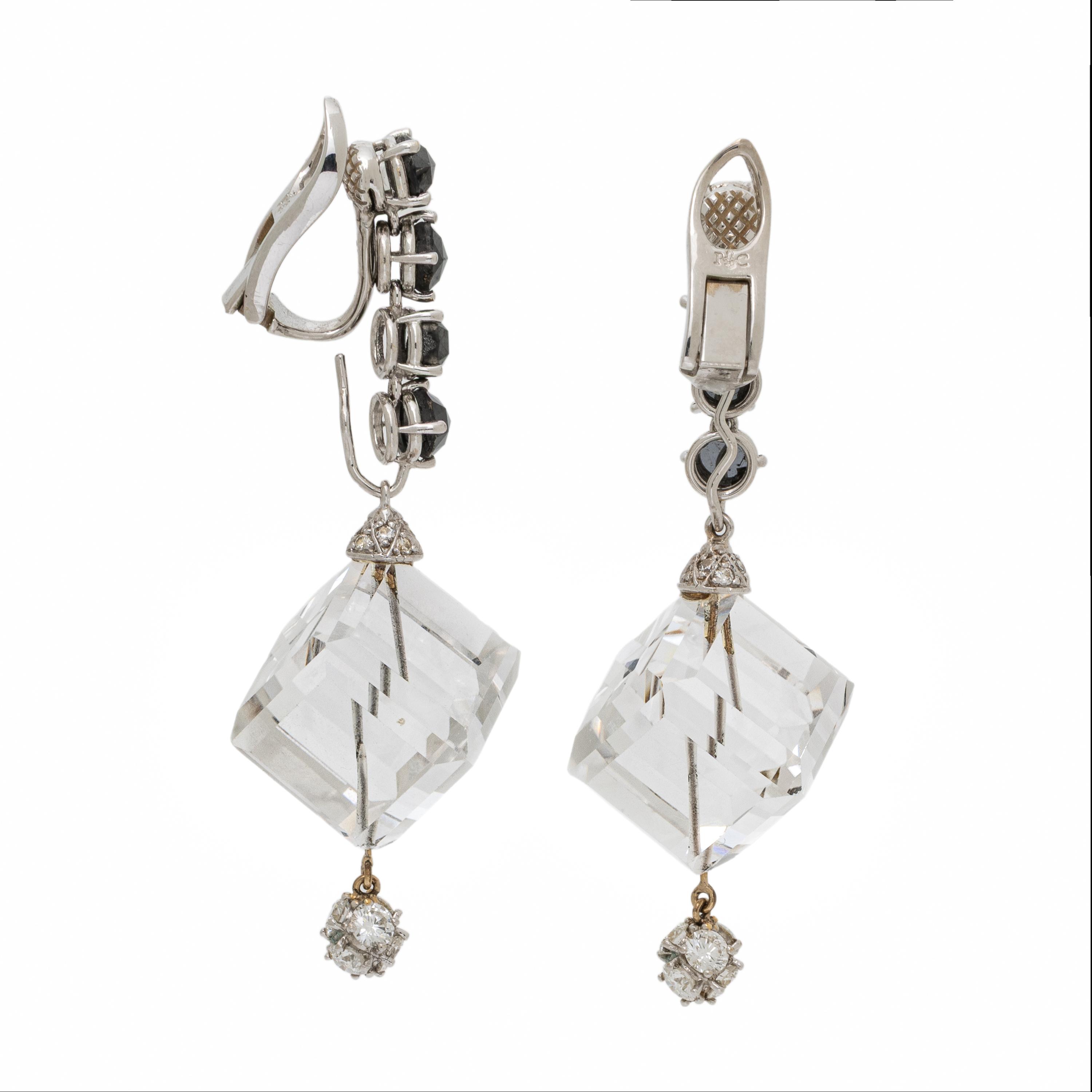 Rock Crystal Quartz, Black Diamond, and Diamond Earrings