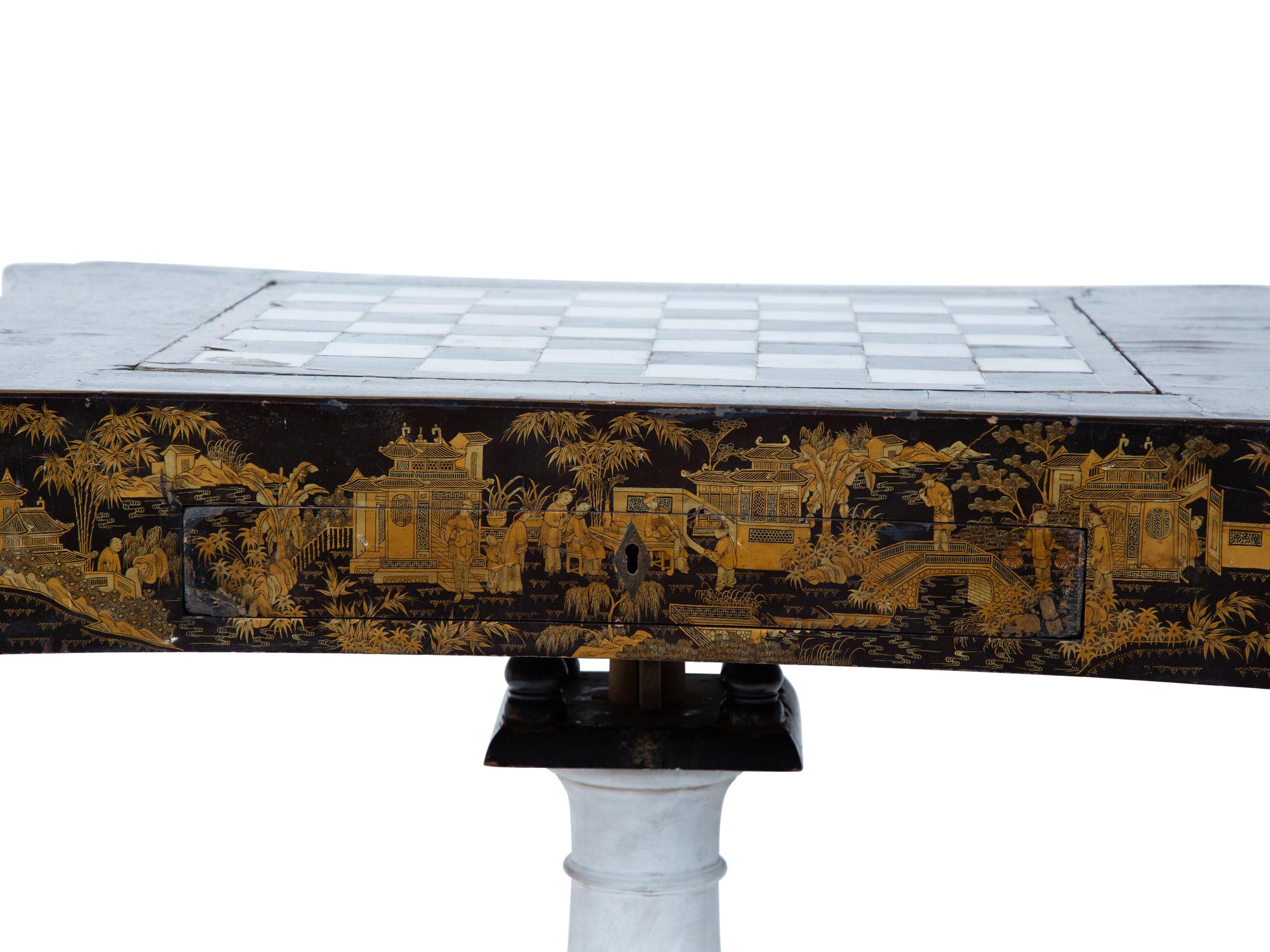 A Chinese Export Lacquer Game Table on a Later Painted Wood Base — 19TH CENTURY AND LATER