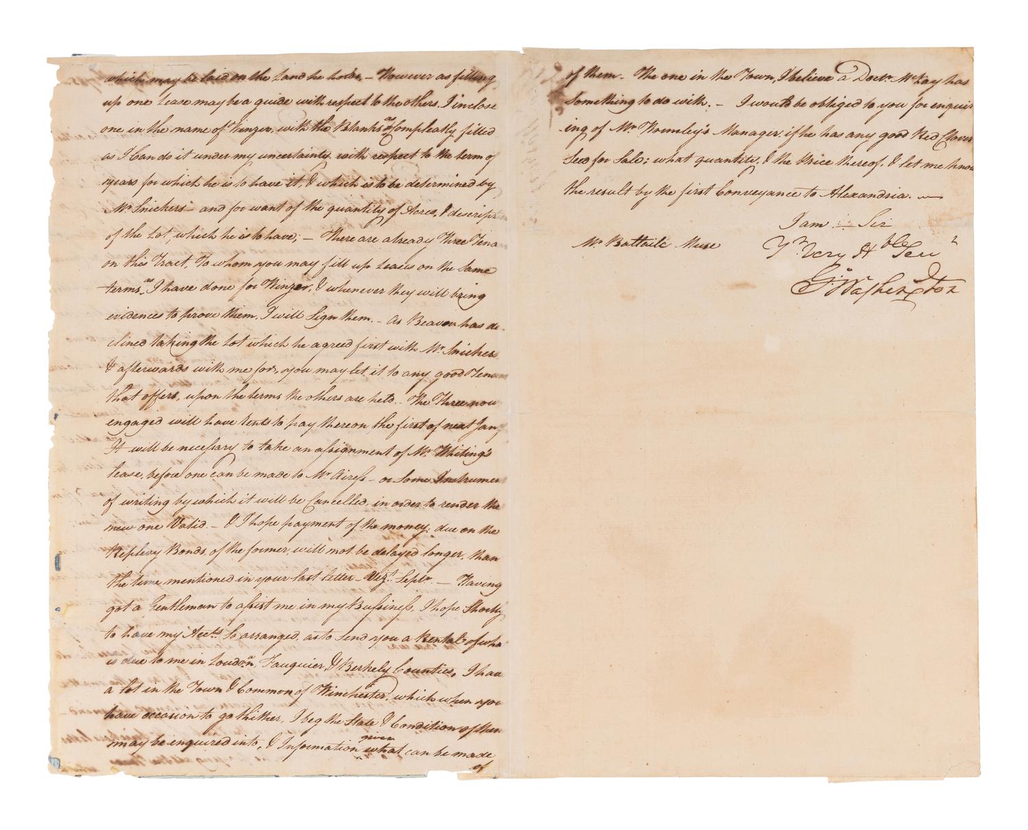 WASHINGTON, George (1732-1799). Letter signed ("G.Washington") to Battaile Muse. Mount Vernon, 28 July 1785.