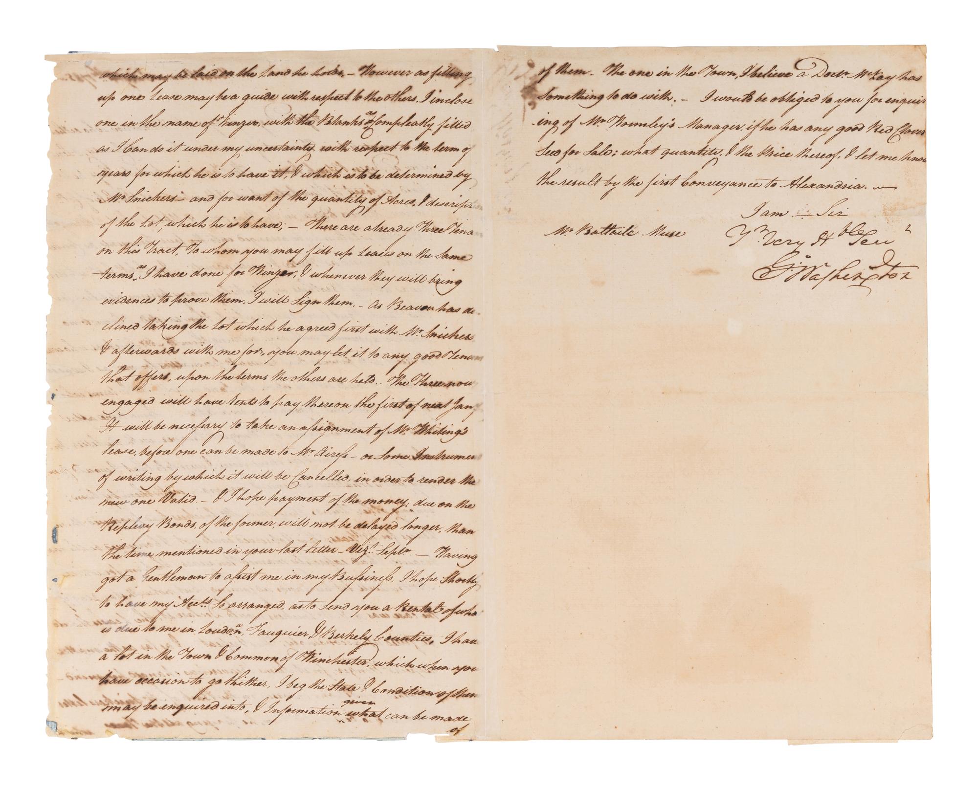 WASHINGTON, George (1732-1799). Letter signed ("G.Washington") to Battaile Muse. Mount Vernon, 28 July 1785.
