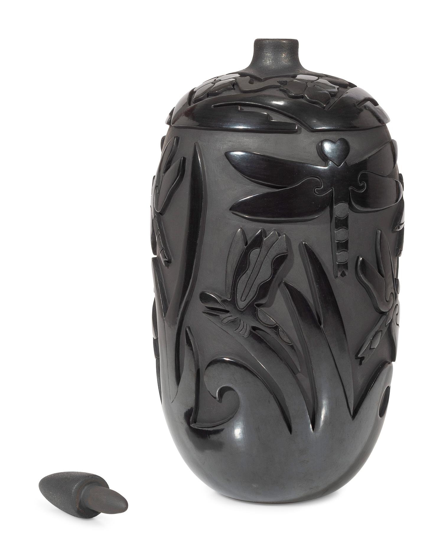 Carved Blackware Pottery Vase, with Dragonflies