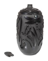 Carved Blackware Pottery Vase, with Dragonflies