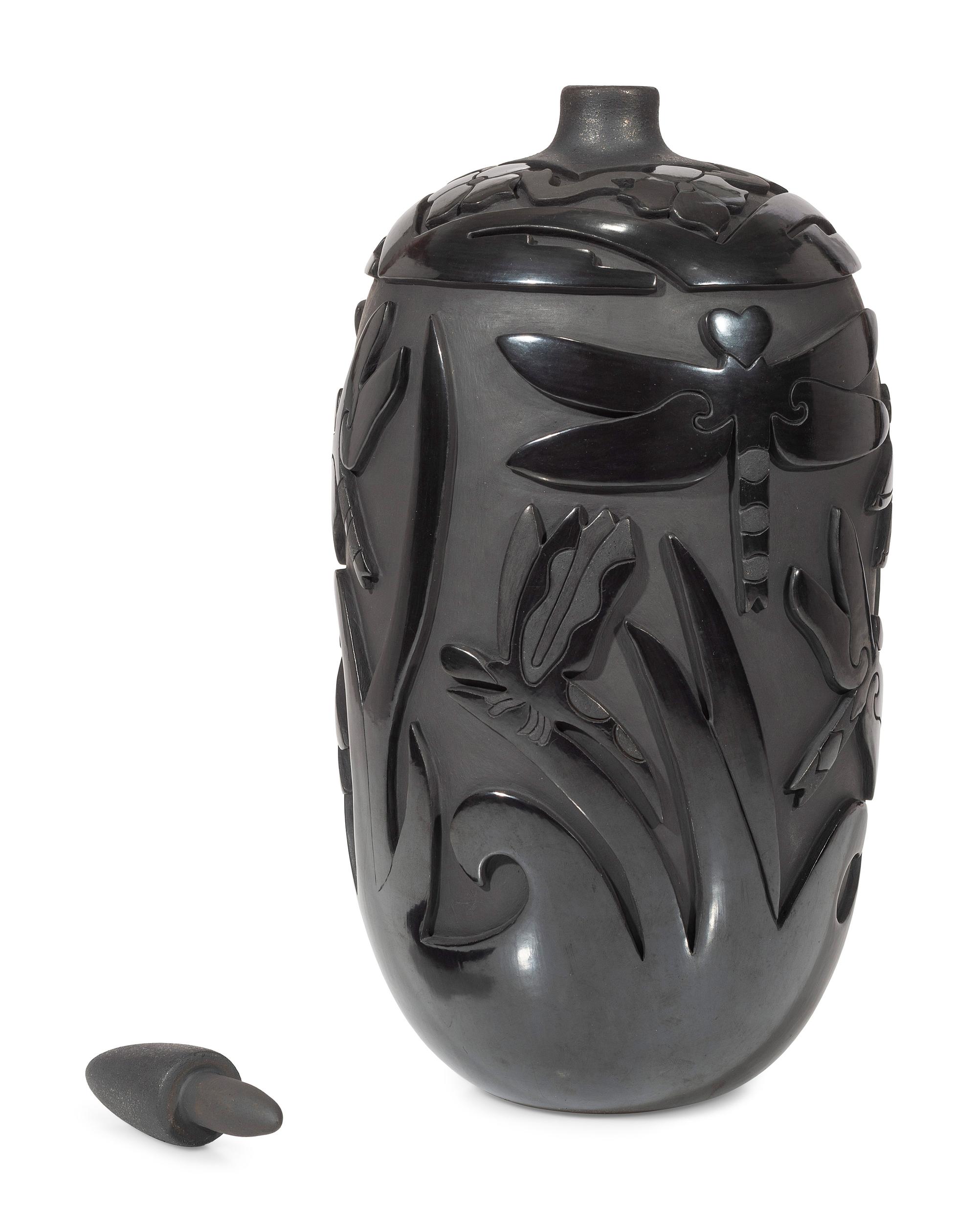 Carved Blackware Pottery Vase, with Dragonflies