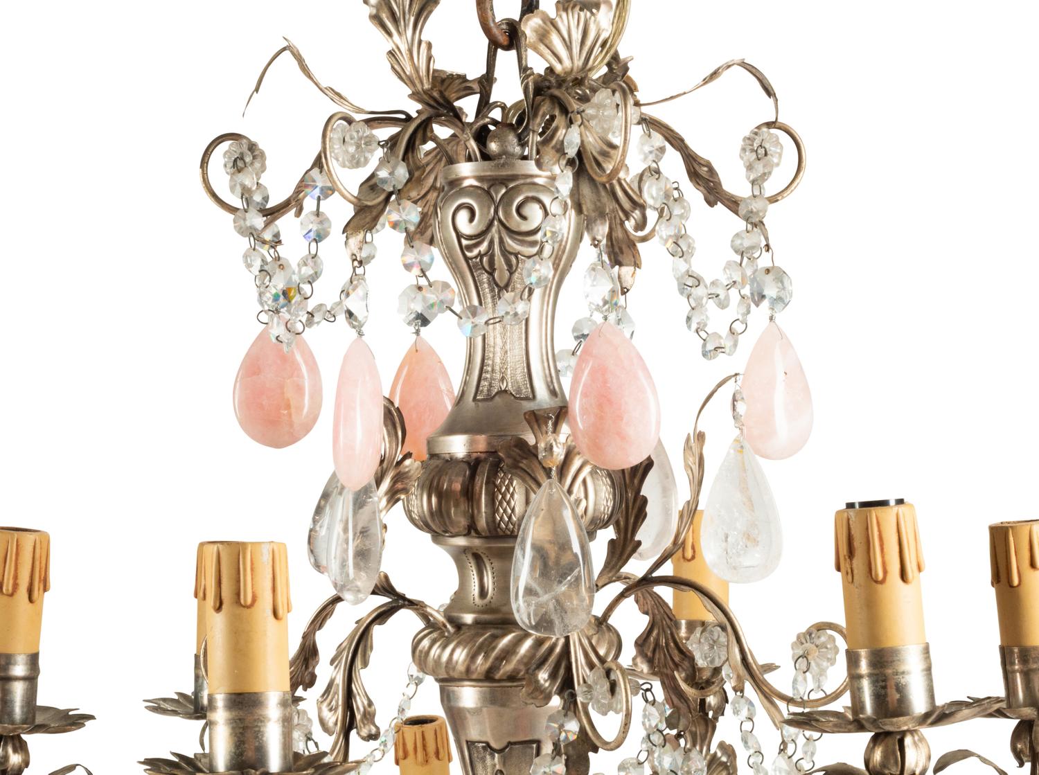 An Italian Silvered Tôle, Rose Quartz and Rock Crystal Twelve-Light Chandelier