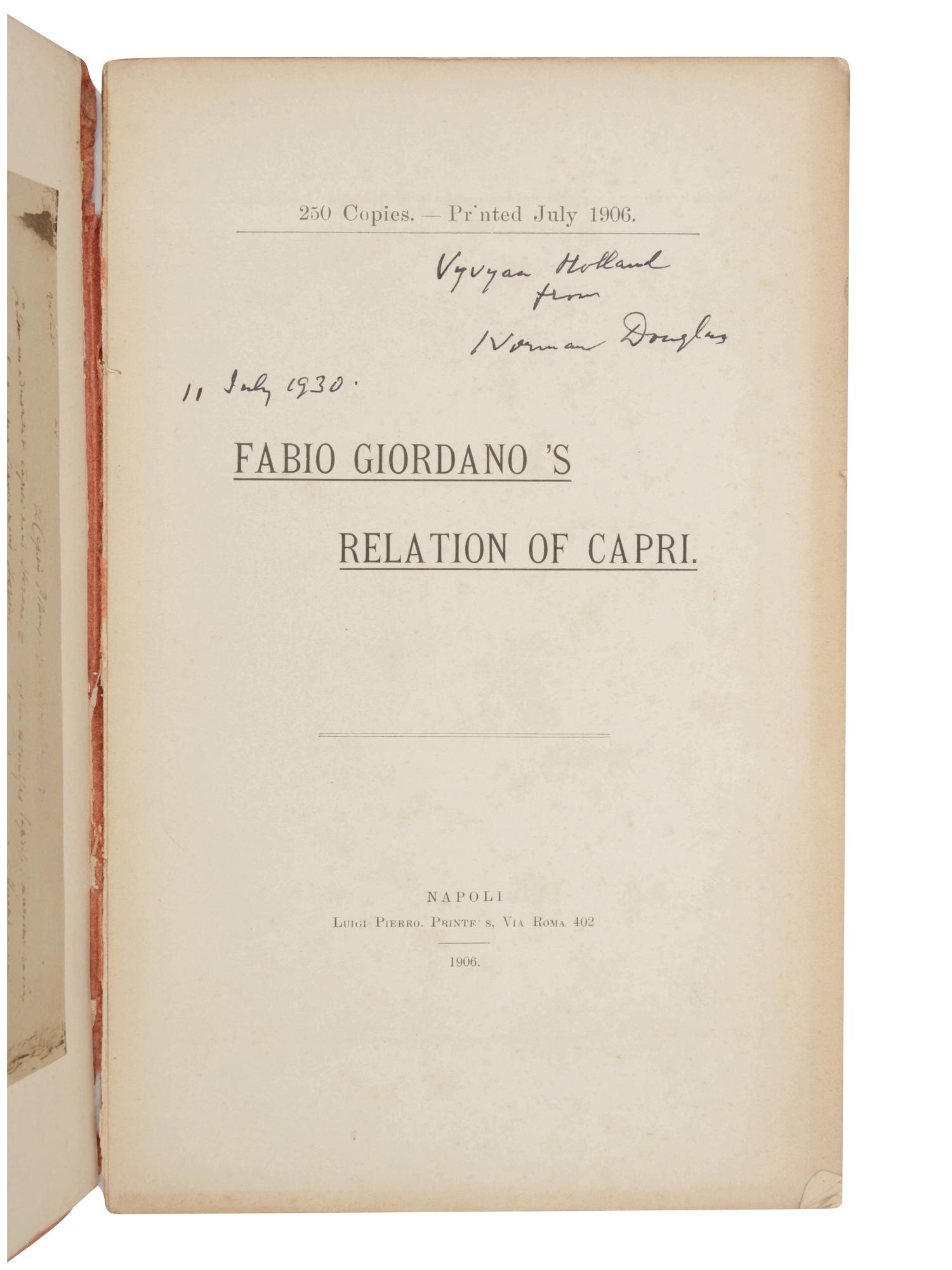 [HOLLAND, Vyvyan, his copy]. DOUGLAS, Norman (1868-1952). Fabio Giordano's Relation of Capri . Naples: Luigi Pierro, 1906.
