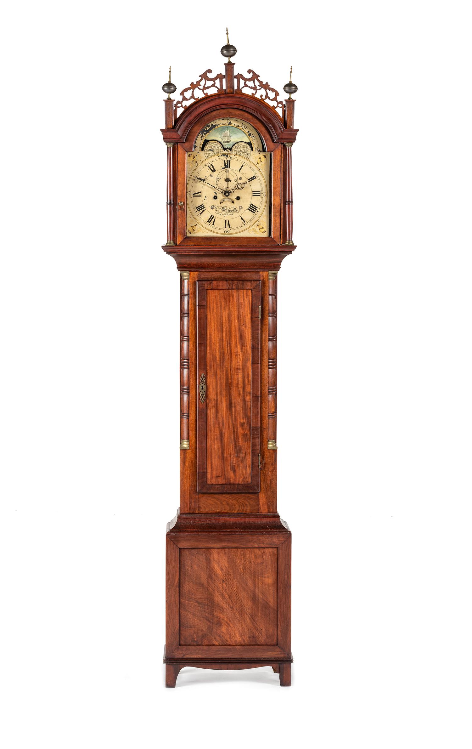 A Federal Inlaid Mahogany Tall Case Clock With Works by Frederick Wingate, Augusta, Maine