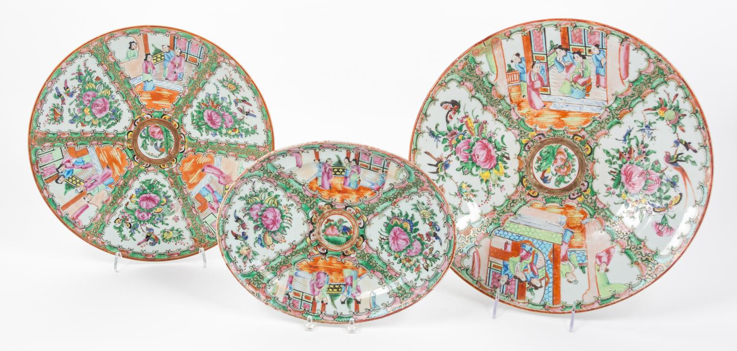 Three Rose Medallion Porcelain Articles Diameter of largest 14 1/2 inches.