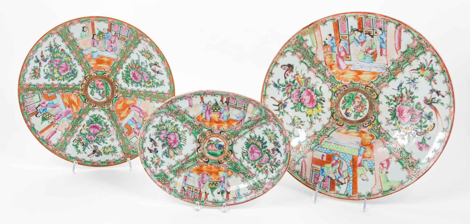 Three Rose Medallion Porcelain Articles Diameter of largest 14 1/2 inches.