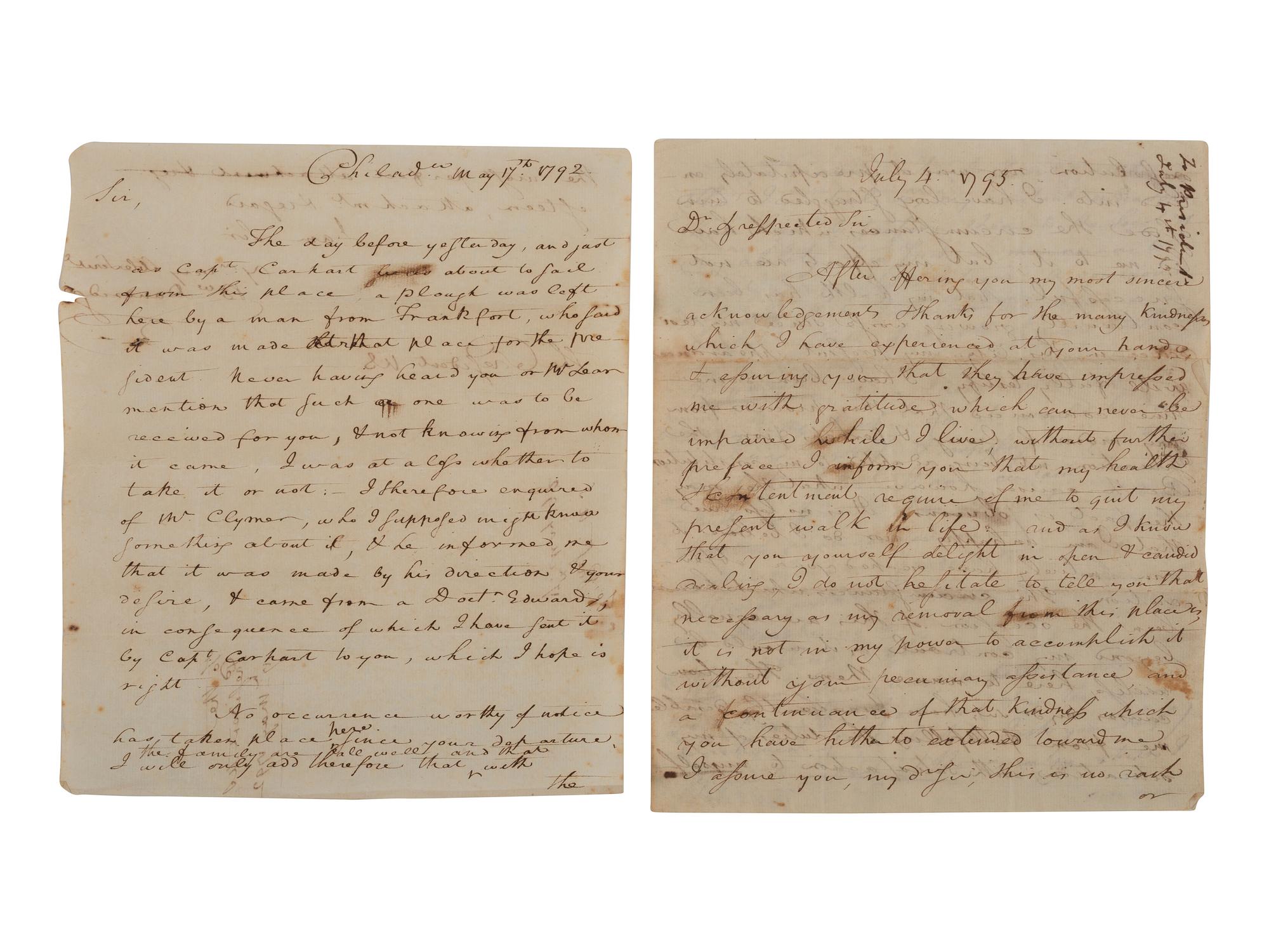 [WASHINGTON, George (1732-1799)] -- DANDRIDGE, Bartholomew Jr. (ca 1773-1802). A group of 4 retained copies of letters written by Bartholomew Dandridge, Jr. to President George Washington.