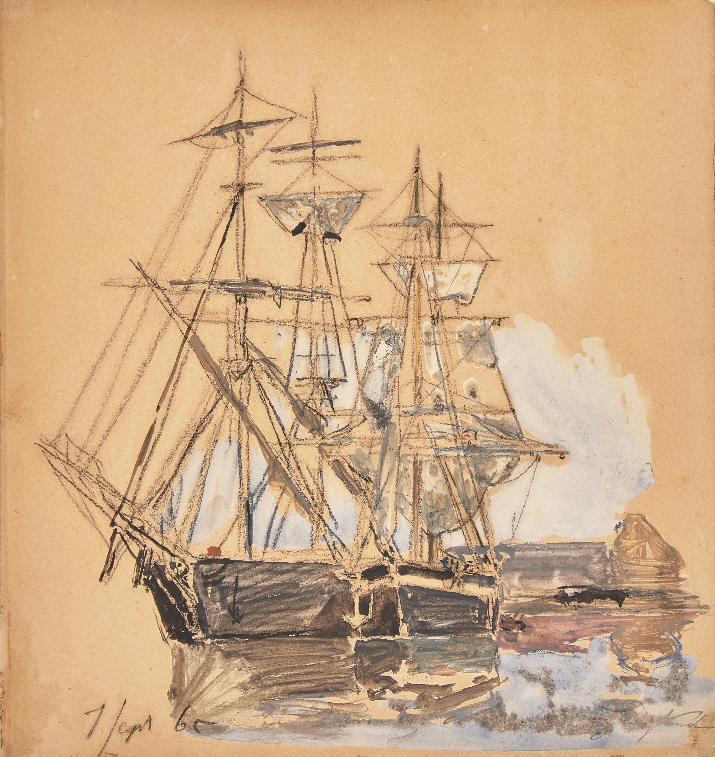 Johan Barthold Jongkind (Dutch, 1819-1891) — Le Trois-Mâts à Honfleur, 1865