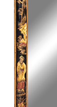 A Pair of Queen Anne Style Black Lacquer and Parcel Gilt Mirrors