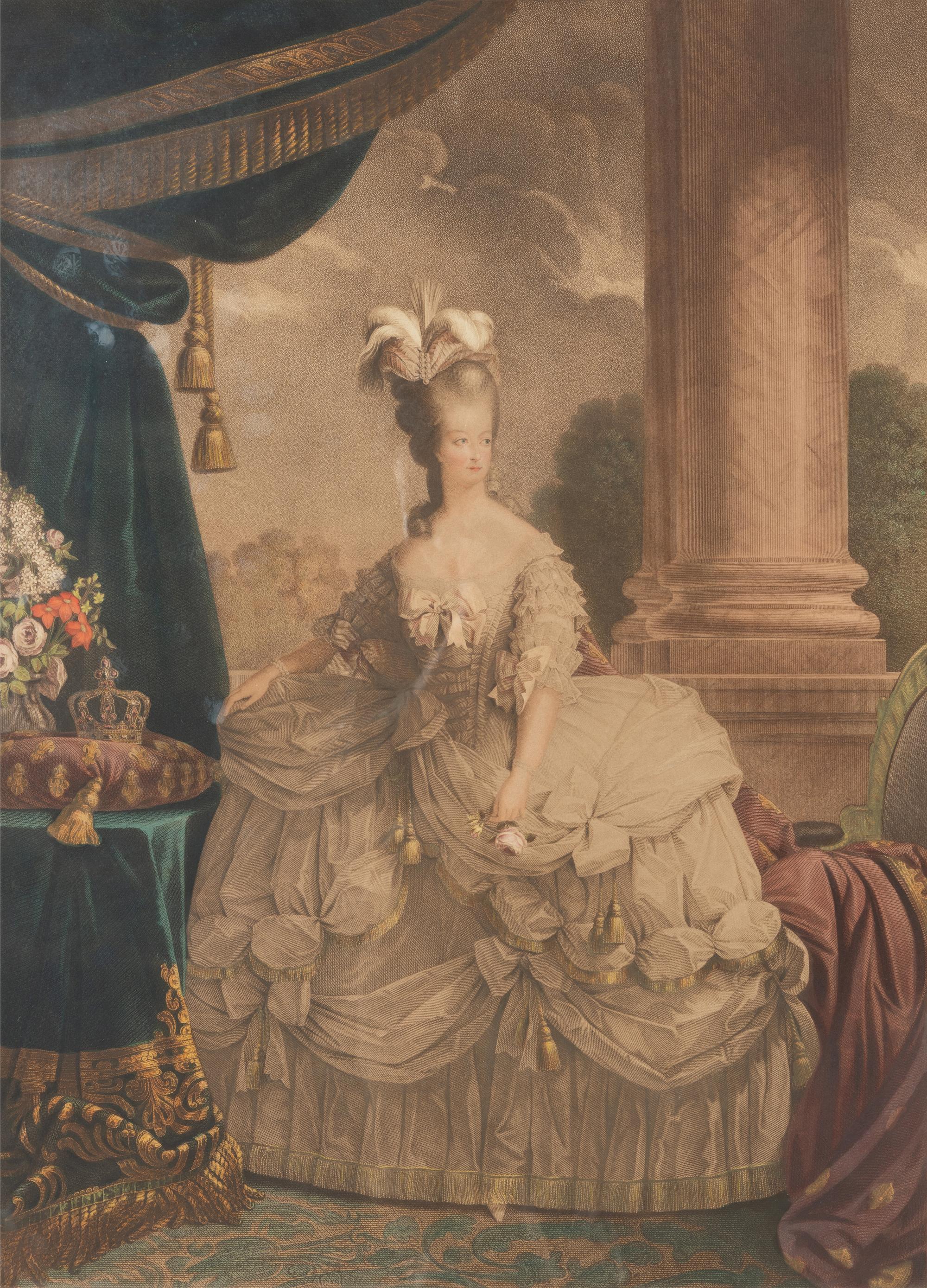 A Pair of French Gilt Bronze Frames with Color Aquatints Depicting Louis XVI and Marie Antoinette