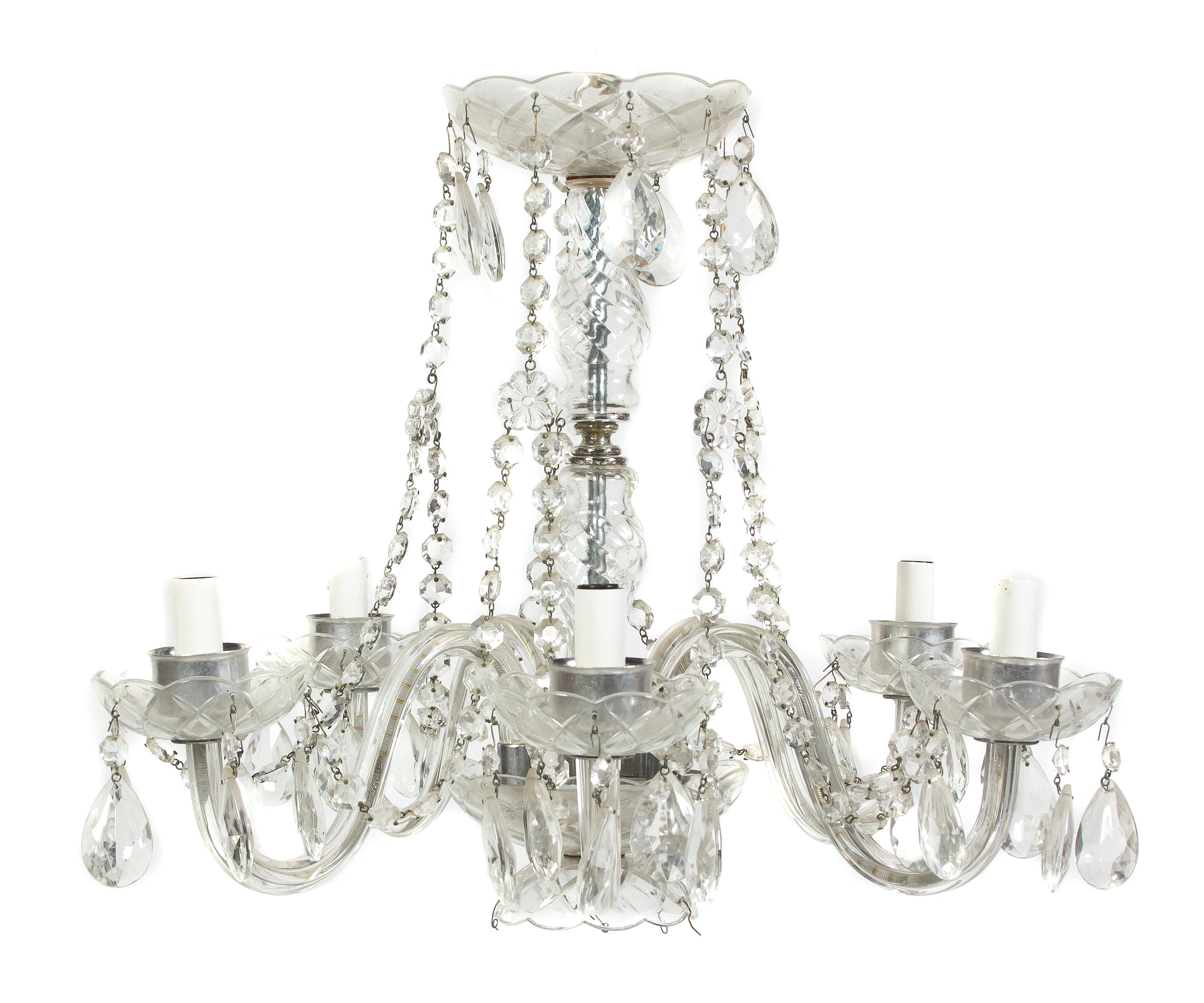 A Cut Glass Five-Light Chandelier, Height 20 inches.