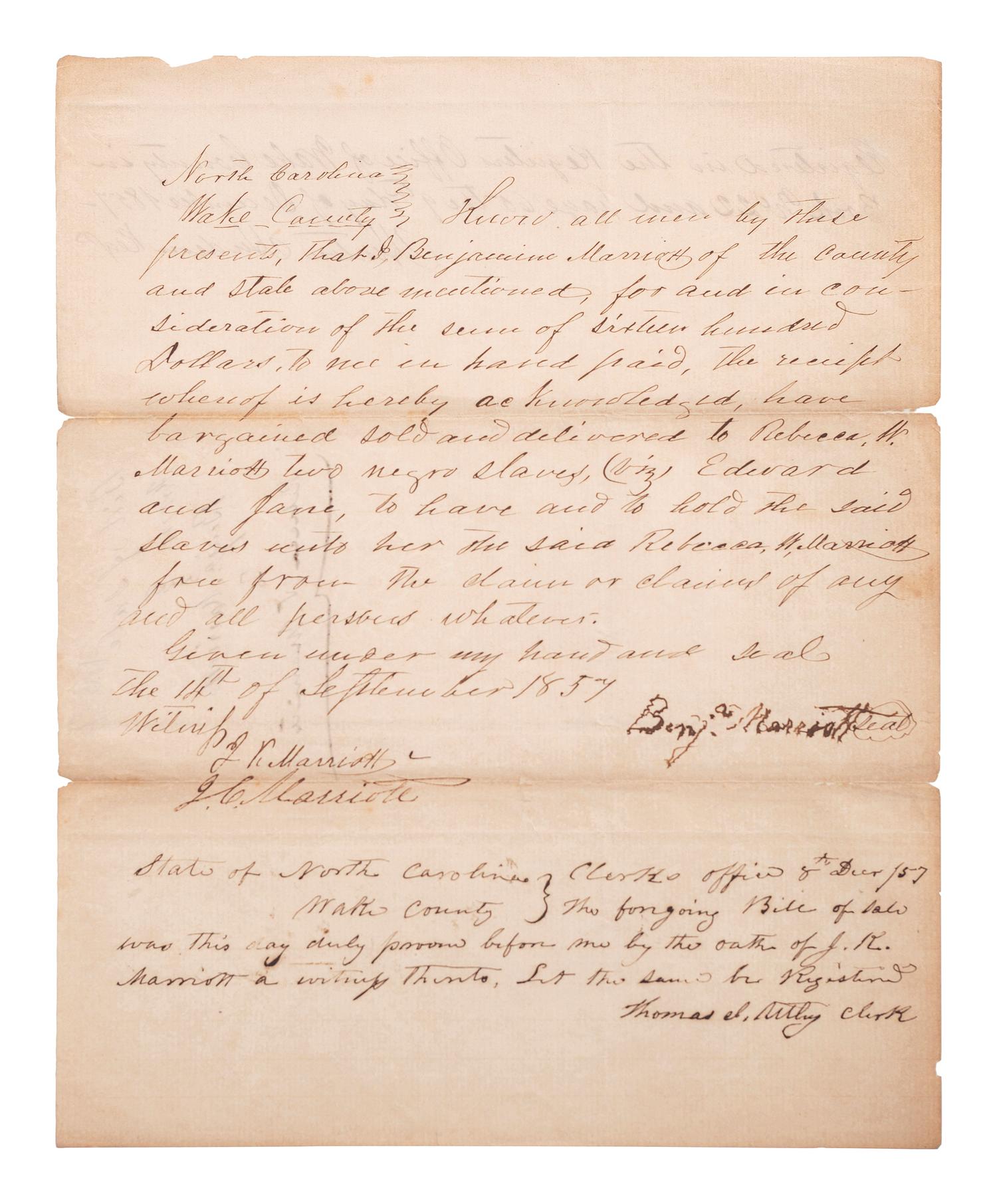 [SLAVERY & ABOLITION]. Manuscript bill of sale for enslaved African Americans "Edward" and "Jane." Wake County, NC, 14 September 1857.