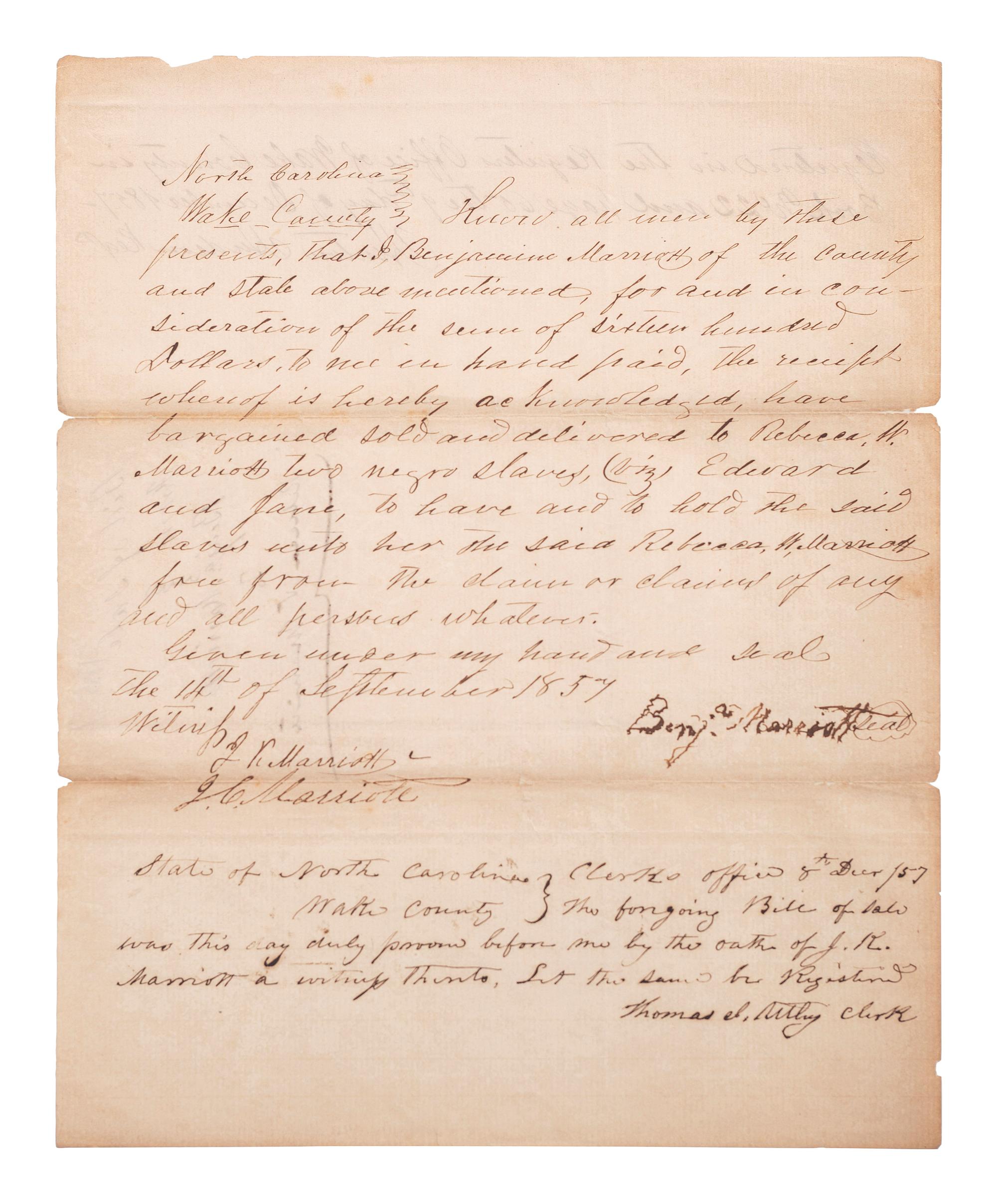 [SLAVERY & ABOLITION]. Manuscript bill of sale for enslaved African Americans "Edward" and "Jane." Wake County, NC, 14 September 1857.