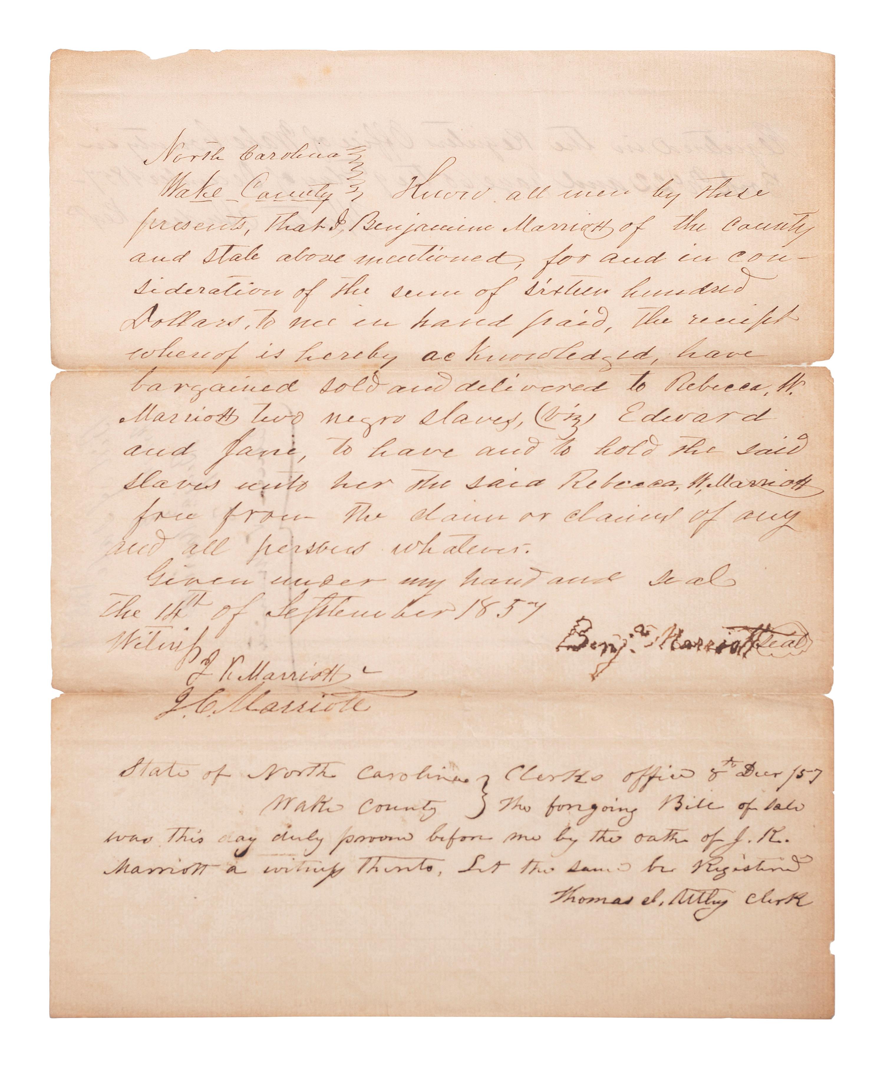 [SLAVERY & ABOLITION]. Manuscript bill of sale for enslaved African Americans "Edward" and "Jane." Wake County, NC, 14 September 1857.