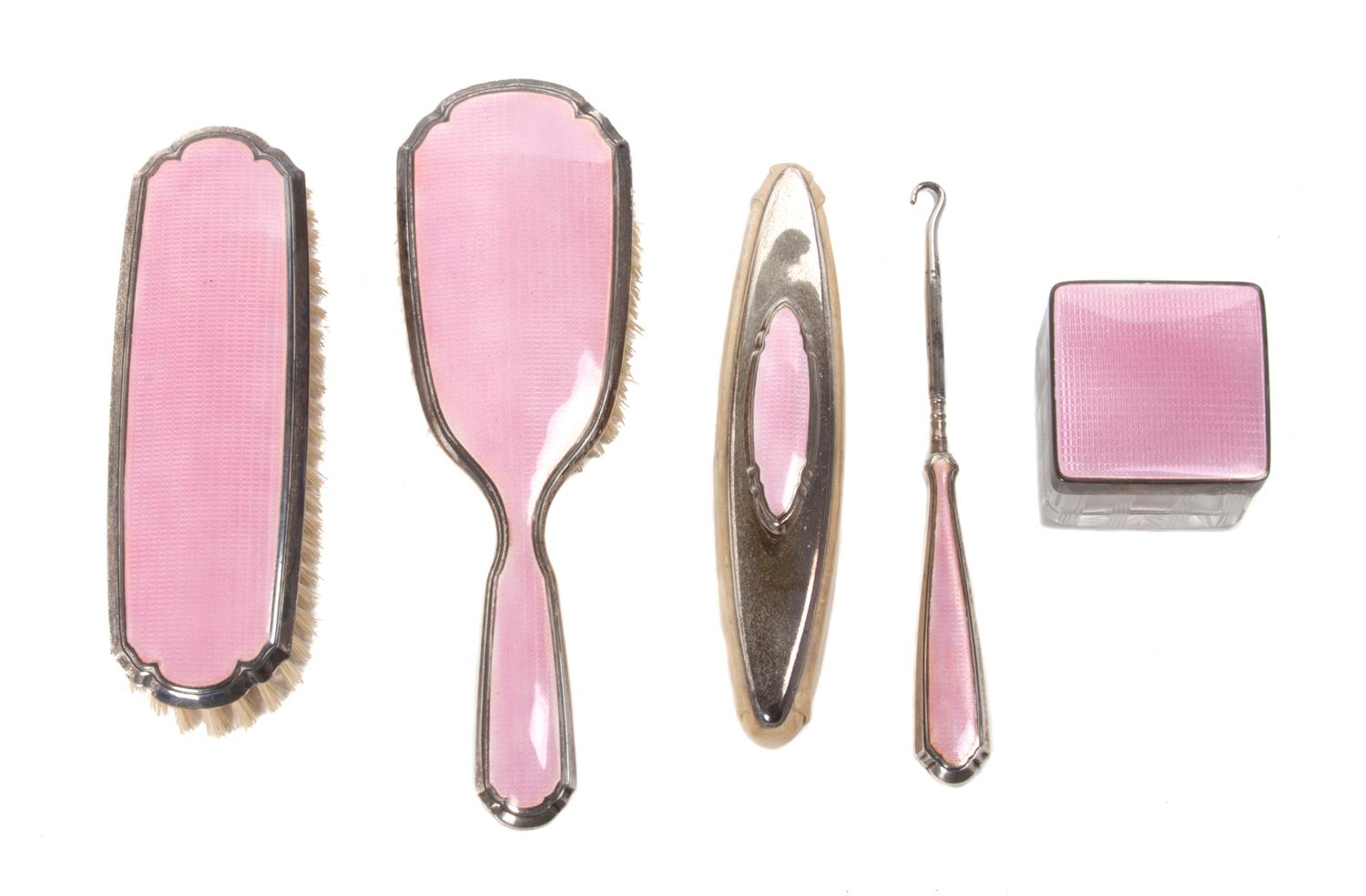 An American Silver and Engine Turned Enamel Dressing Set Length of first: 8 inches.