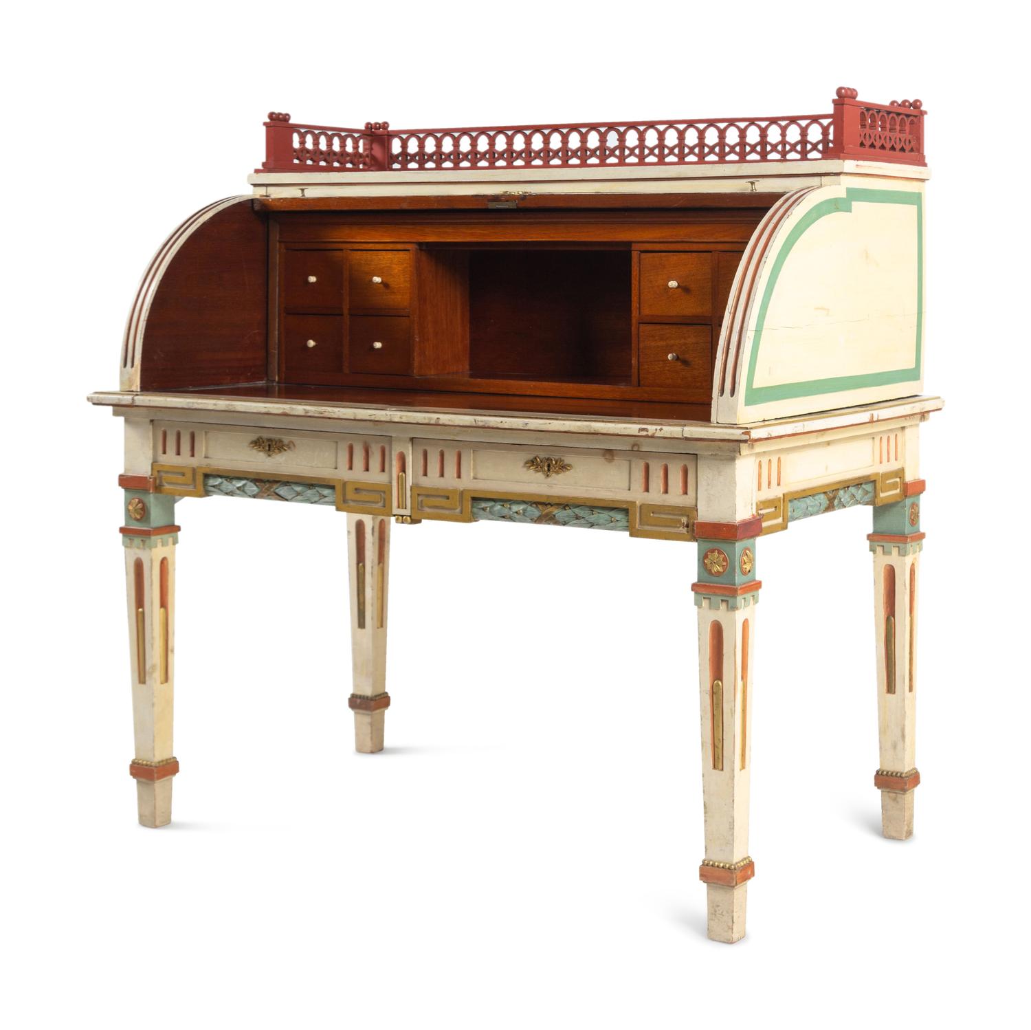 A Continental Polychrome-Painted Cylinder Bureau