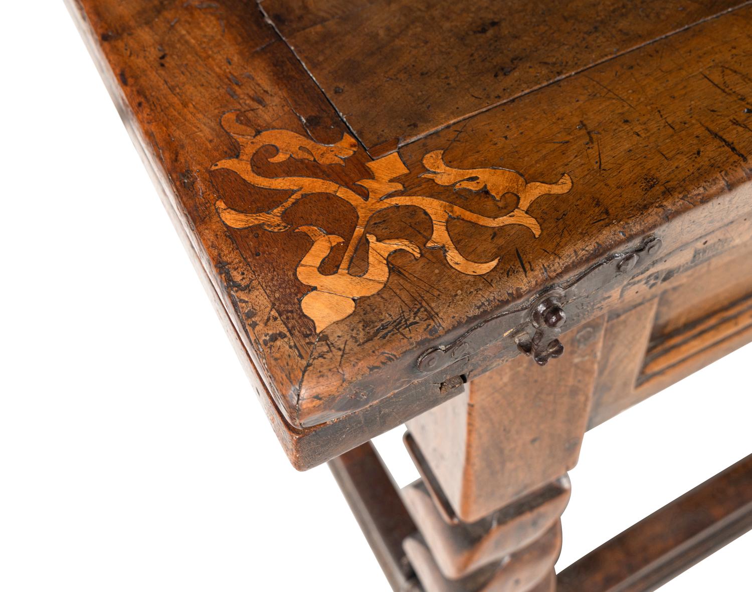 A Swiss Baroque Walnut and Hollywood Marquetry Draw-Leaf Table
