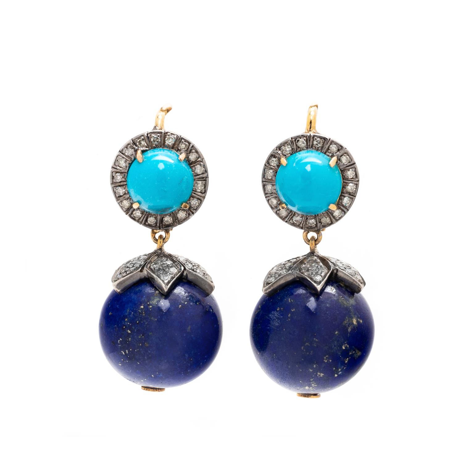LAPIS LAZULI, TURQUOISE AND DIAMOND EARRINGS