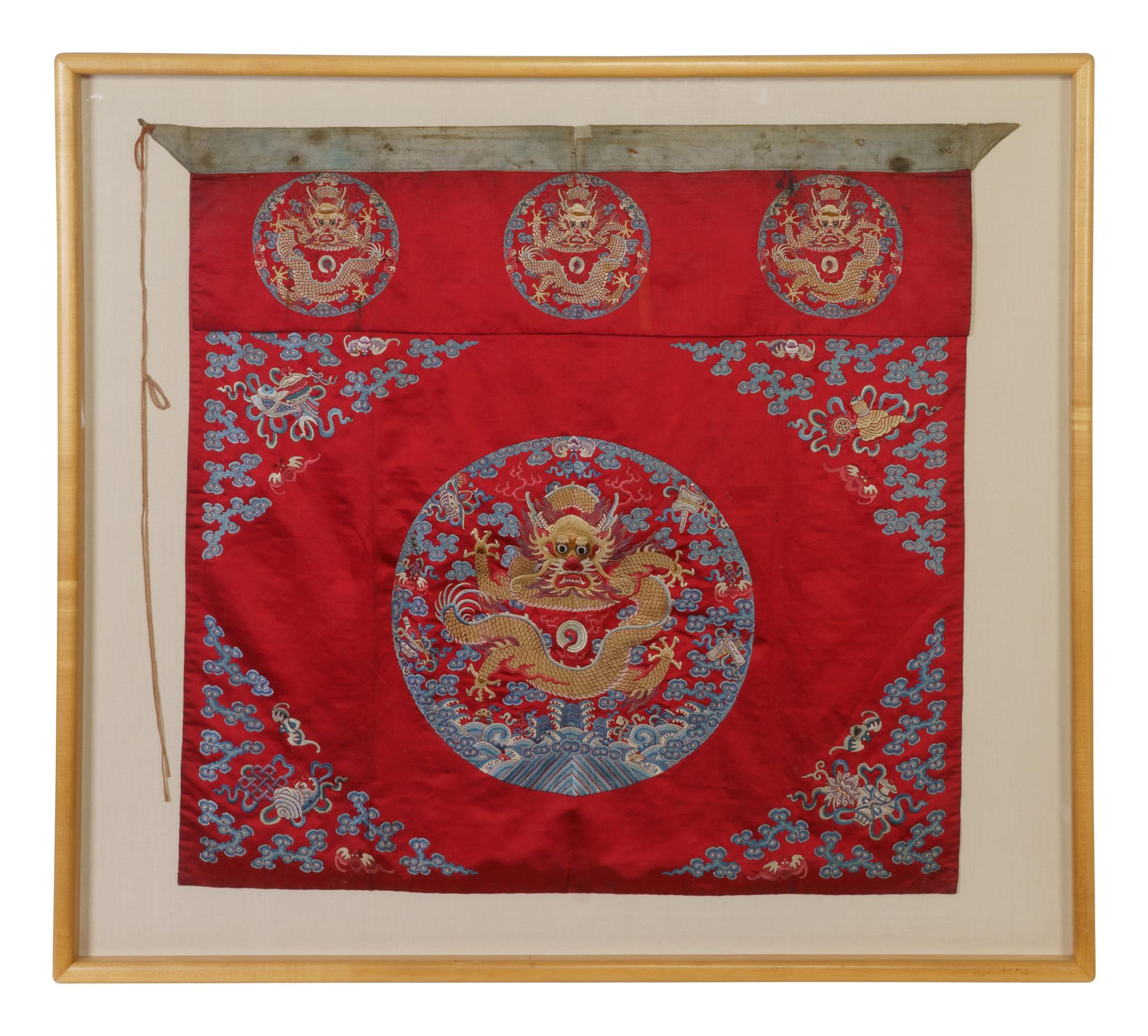 Two Embroidered and Woven Silk 'Dragon' Panels
