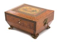 A Regency Inlaid Amboyna and Penwork Sewing Box Height 6 x width 11 x depth 9 inches. — 19TH CENTURY