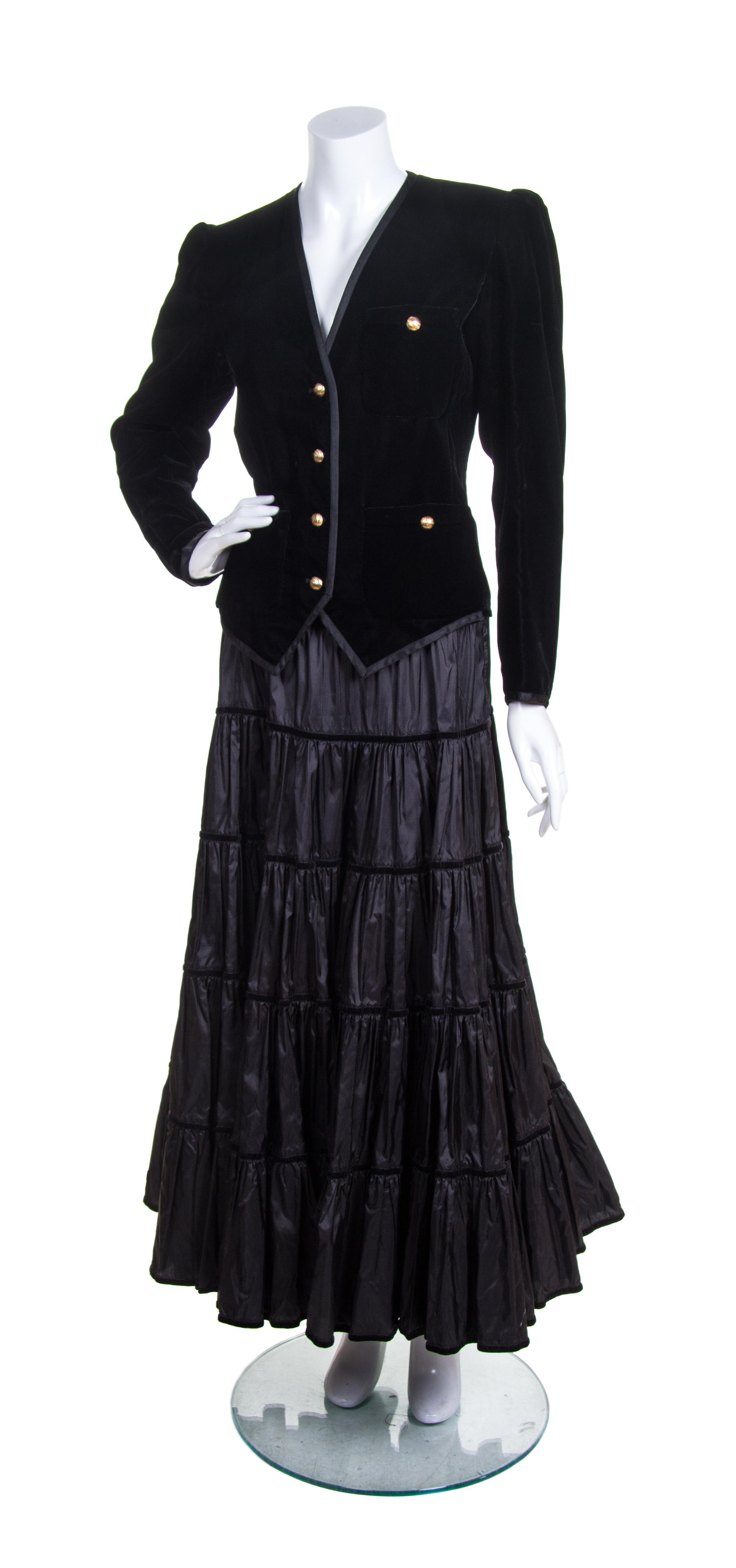 An Yves Saint Laurent Black Taffeta and Velvet Skirt Ensemble, Jacket size 38.