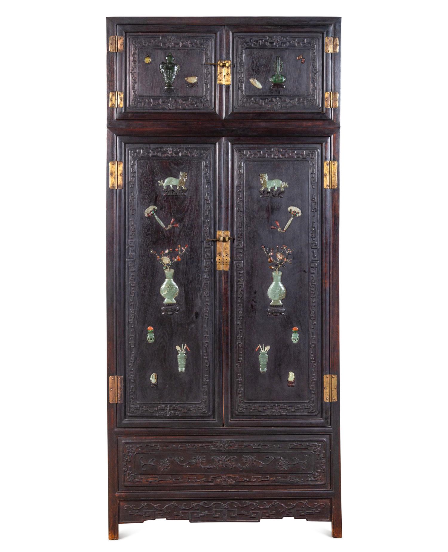 A Chinese Jade and Hardstone Inset Hardwood Compound Cabinet, Dingxianggui