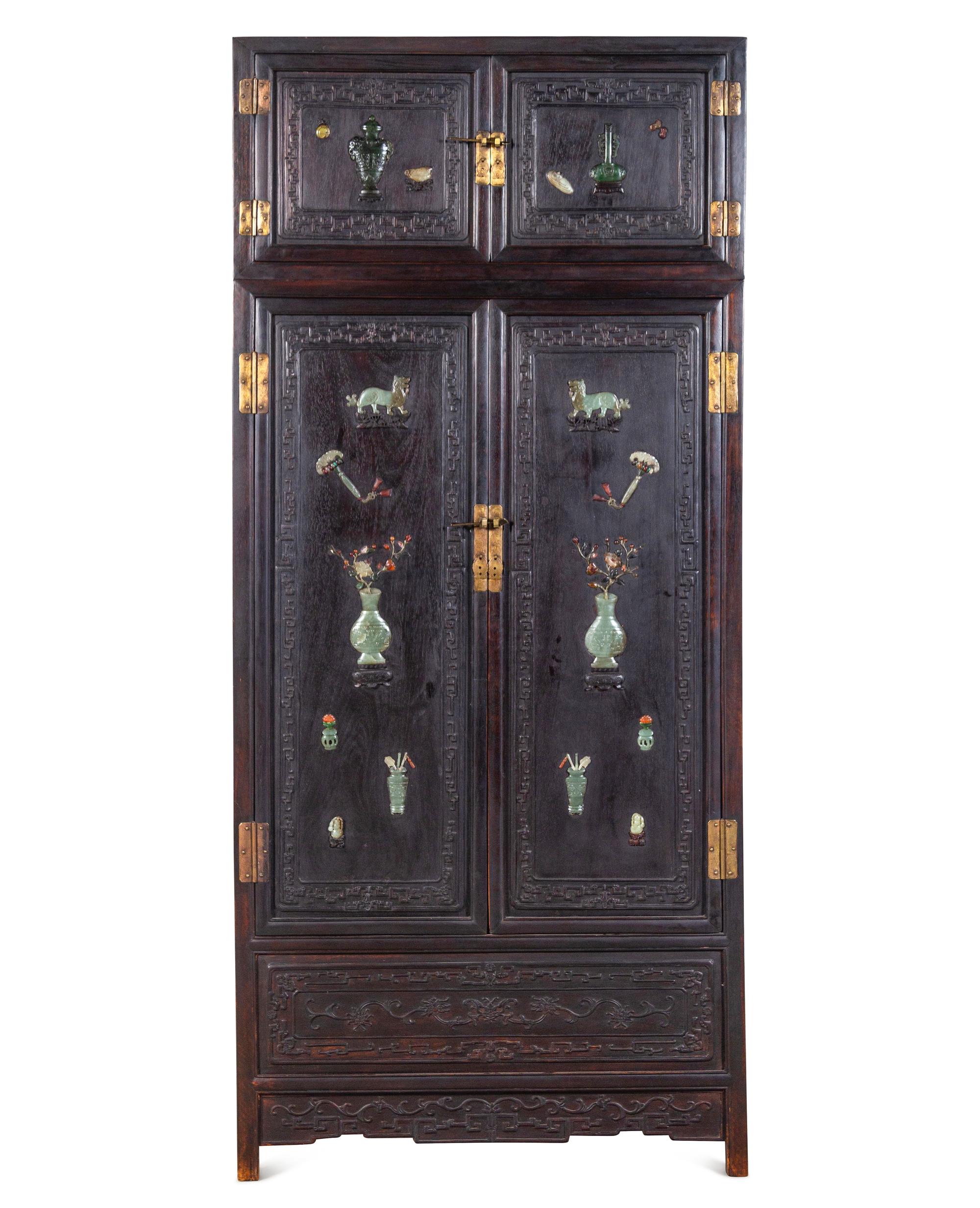 A Chinese Jade and Hardstone Inset Hardwood Compound Cabinet, Dingxianggui