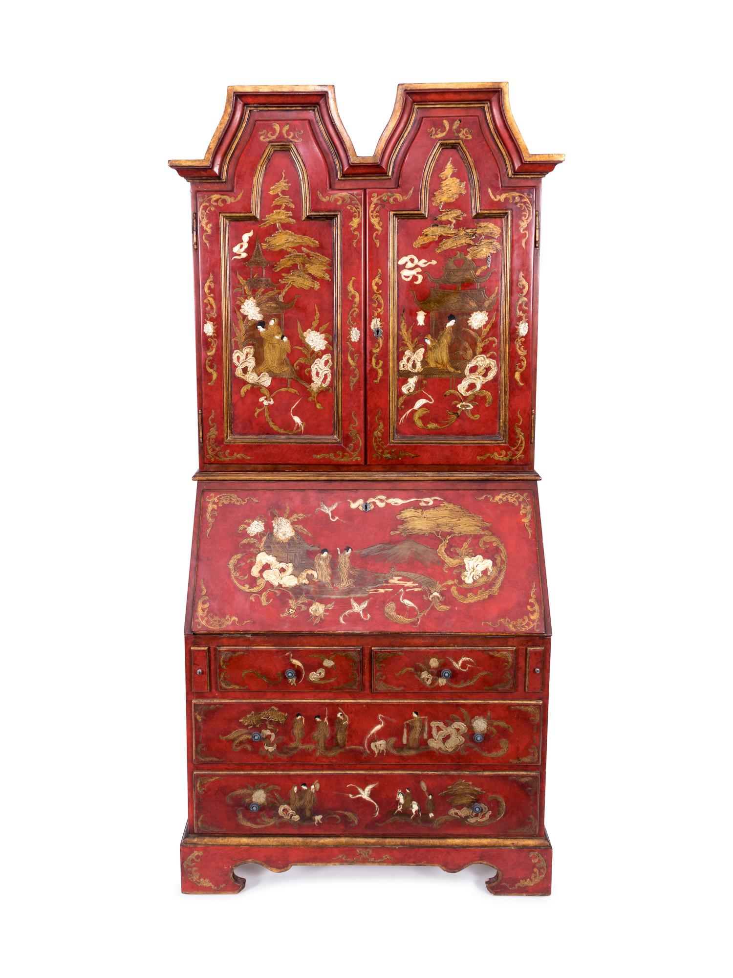A Chinese Chippendale Style Red and Gilt Lacquered Secretary — LATE 19TH/EARLY 20TH CENTURY