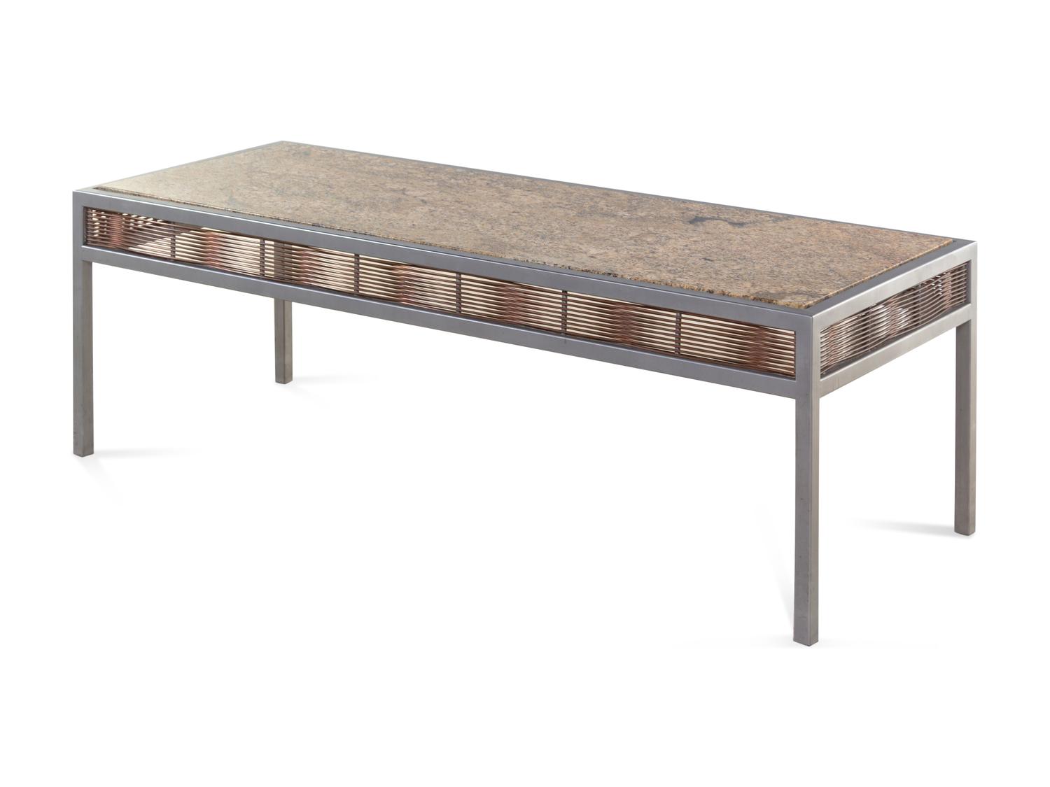 A Contemporary Steel, Granite, and Rattan Coffee Table