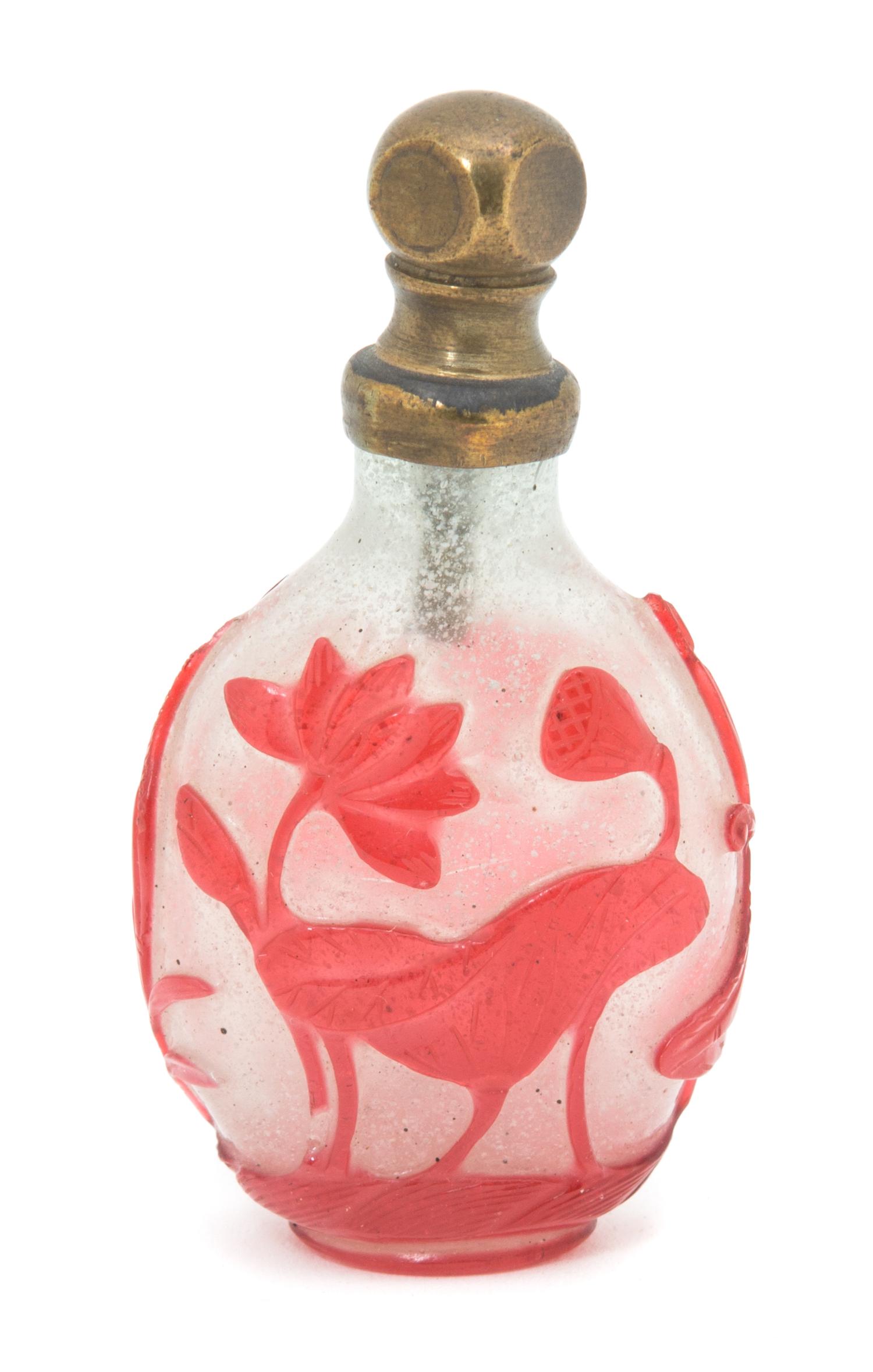 A Red Overlay Snowflake Glass Kuilong Snuff Bottle Height 2 7/8 inches.