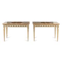 A Pair of Italian Neoclassical Painted and Parcel Gilt Console Tables