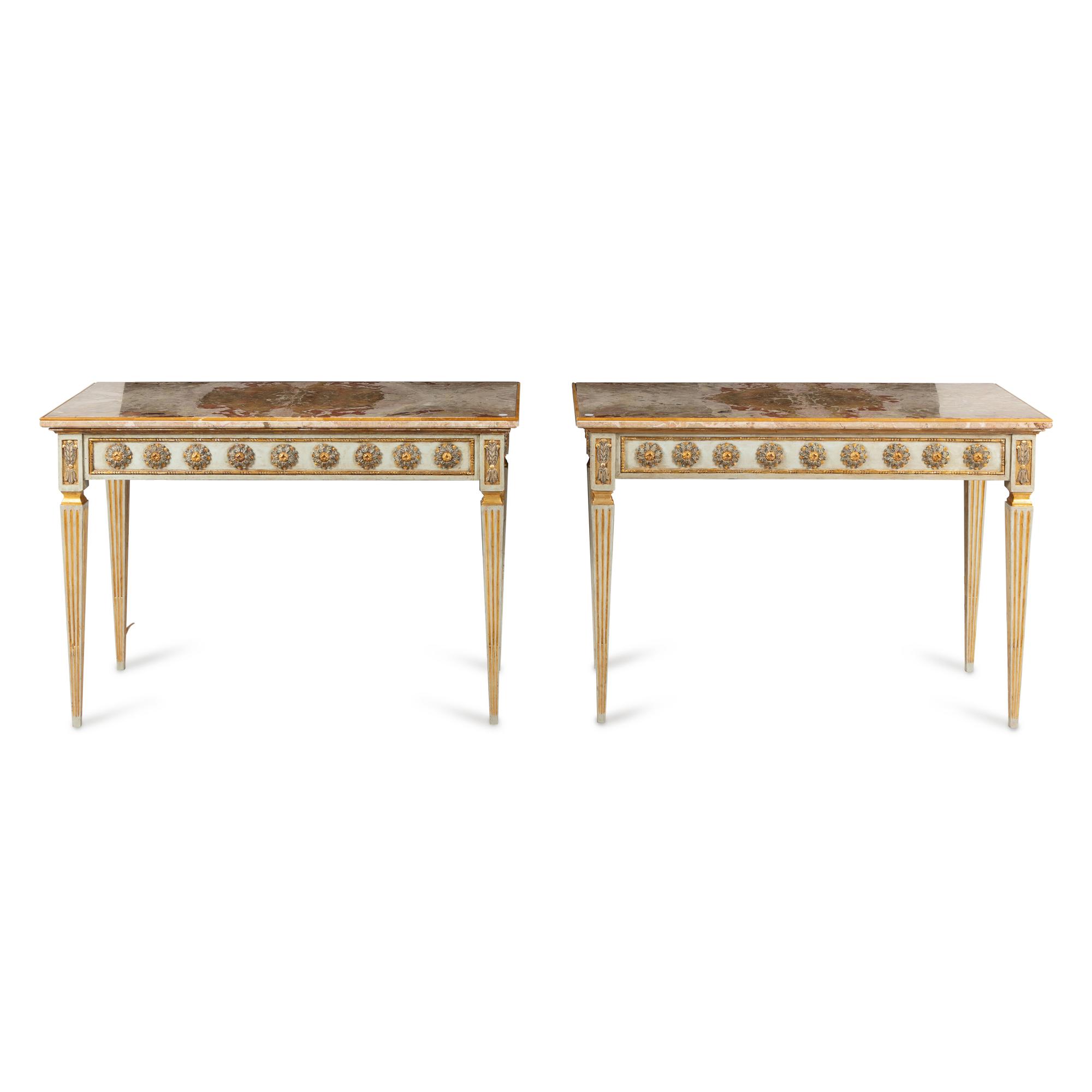 A Pair of Italian Neoclassical Painted and Parcel Gilt Console Tables