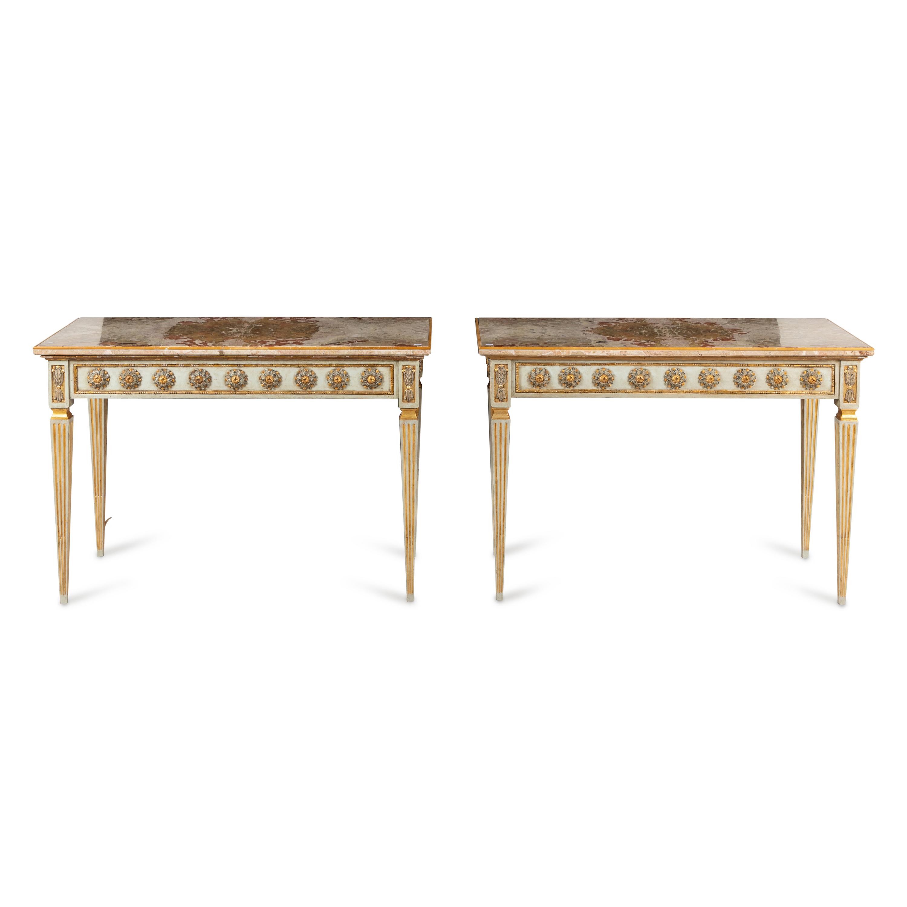 A Pair of Italian Neoclassical Painted and Parcel Gilt Console Tables