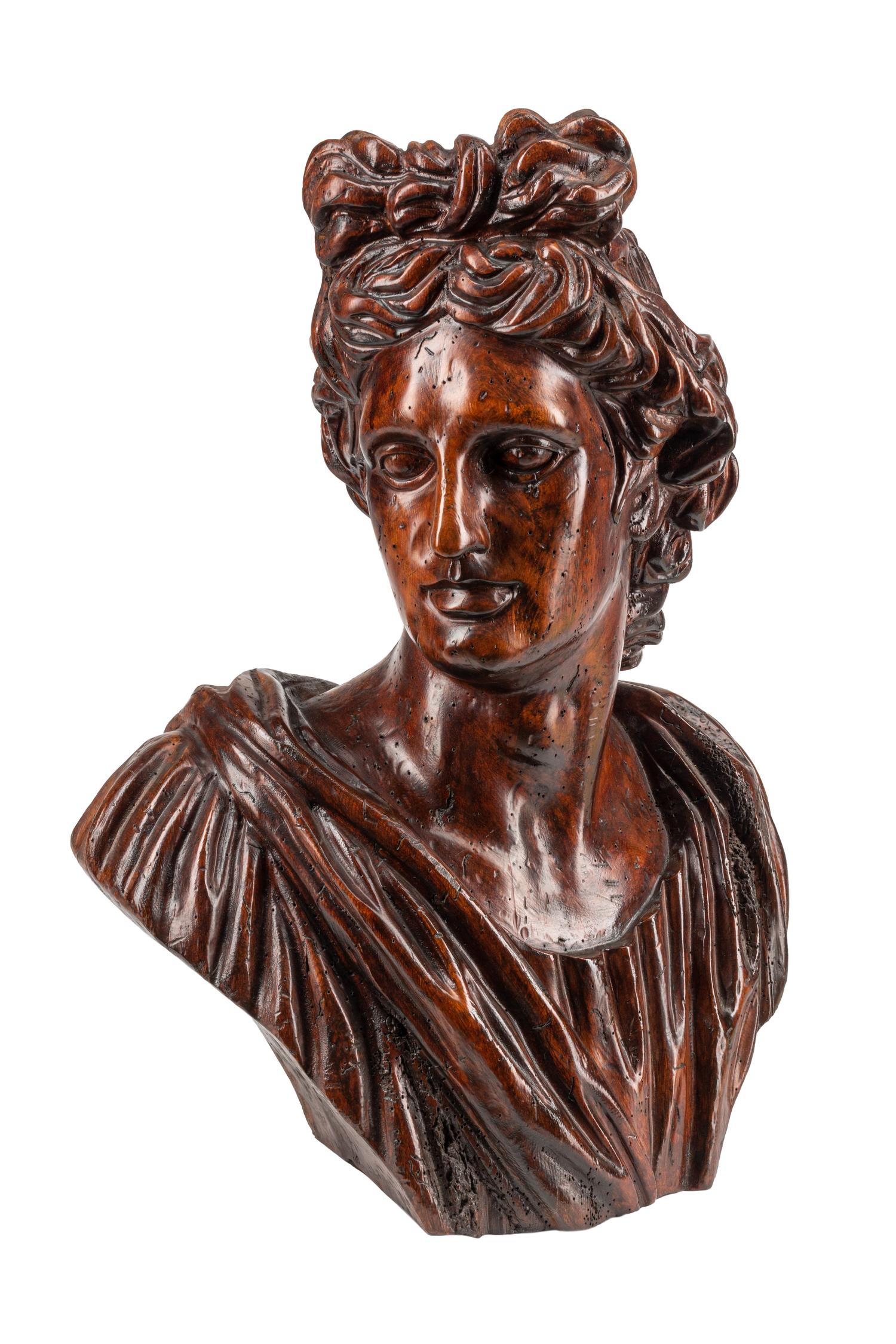 An Italian Carved Wood Bust of a Roman