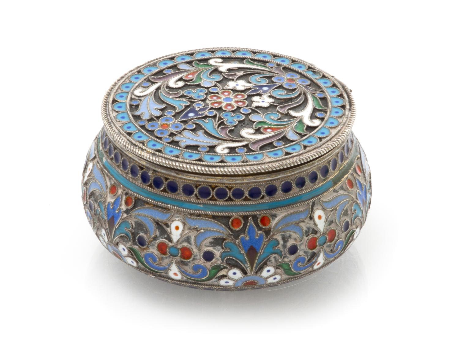 A Russian Silver and Enamel Snuff Box, Maker's mark obscured, Moscow, late 19th/early 20th century, of circular form, the case decorate