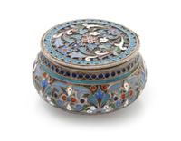 A Russian Silver and Enamel Snuff Box, Maker's mark obscured, Moscow, late 19th/early 20th century, of circular form, the case decorate