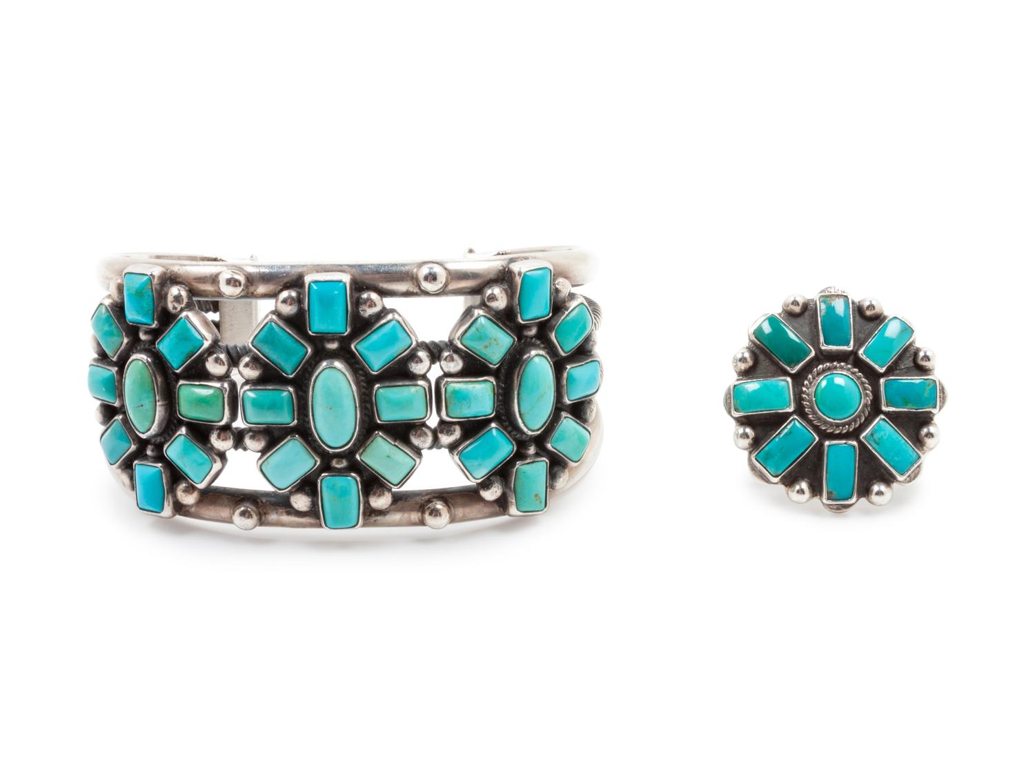 Silver and Turquoise Bracelet, together with ring by Frederico Jemenez (Mexican, b. 1941)