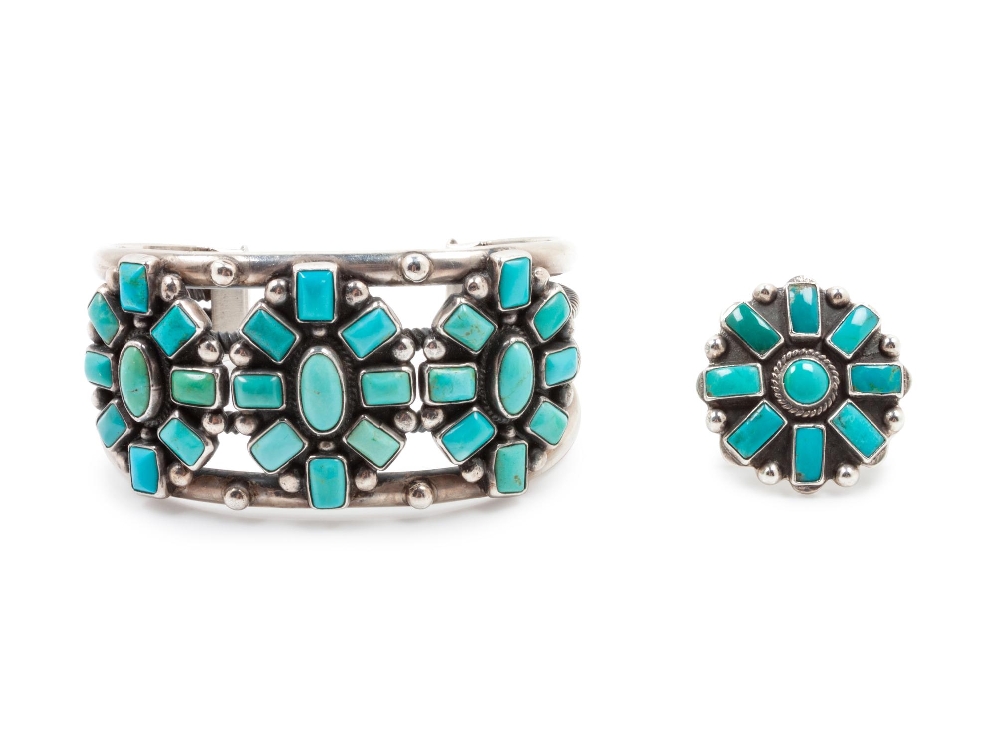 Silver and Turquoise Bracelet, together with ring by Frederico Jemenez (Mexican, b. 1941)