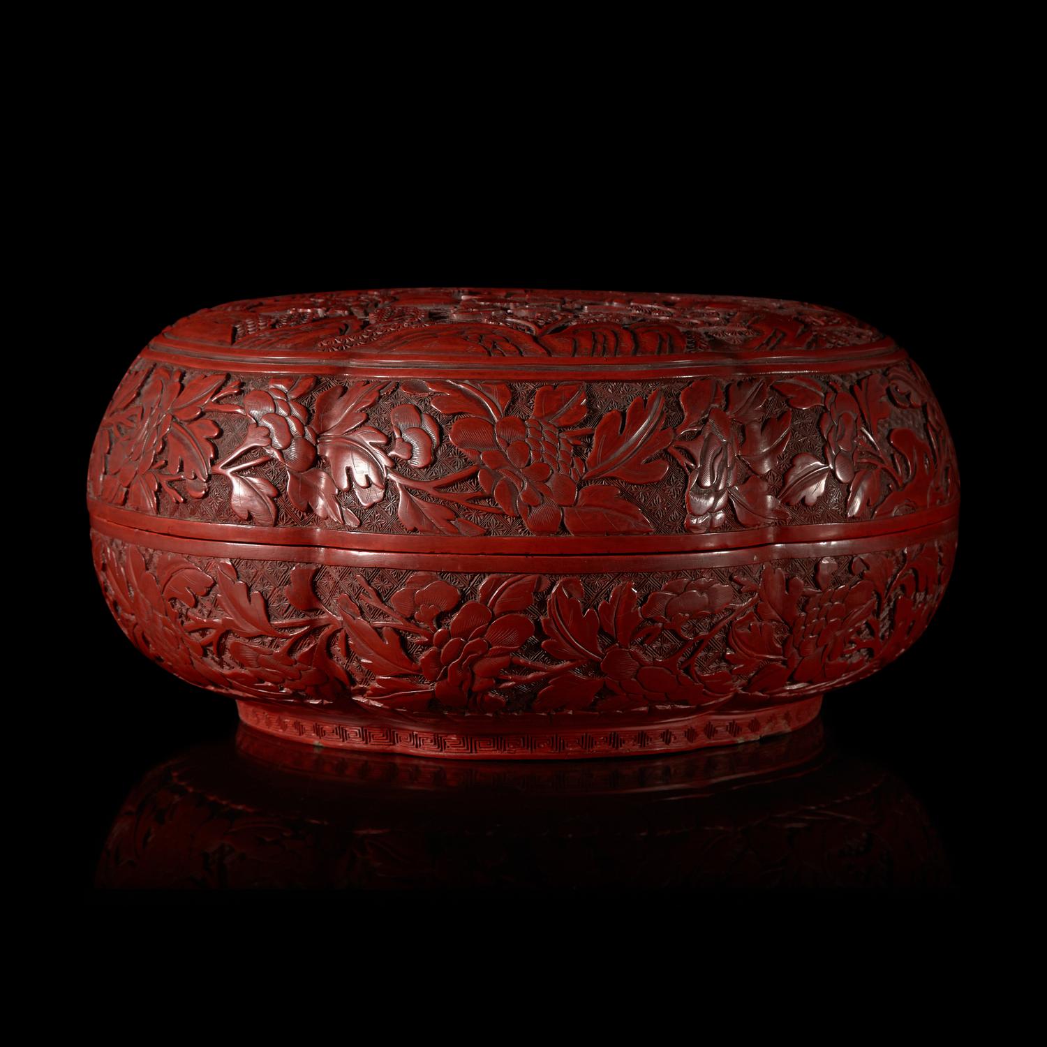 A Chinese Cinnabar Lacquer 'Eight Immortals' Covered Box 剔紅八仙圖漆盒