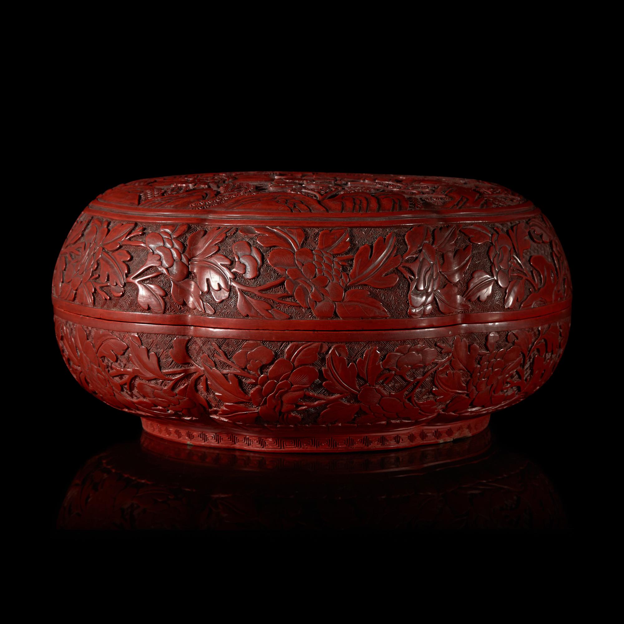 A Chinese Cinnabar Lacquer 'Eight Immortals' Covered Box 剔紅八仙圖漆盒