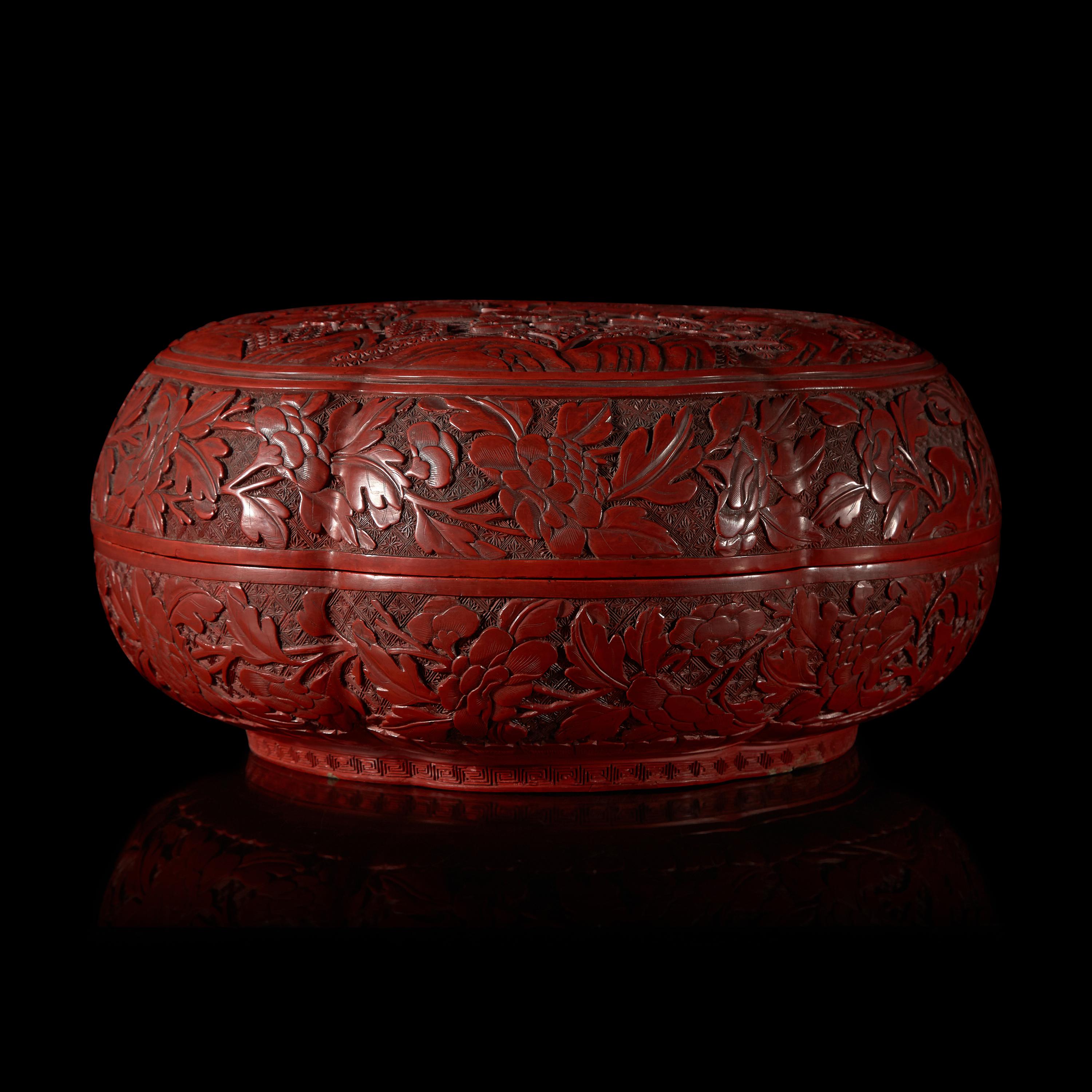 A Chinese Cinnabar Lacquer 'Eight Immortals' Covered Box 剔紅八仙圖漆盒