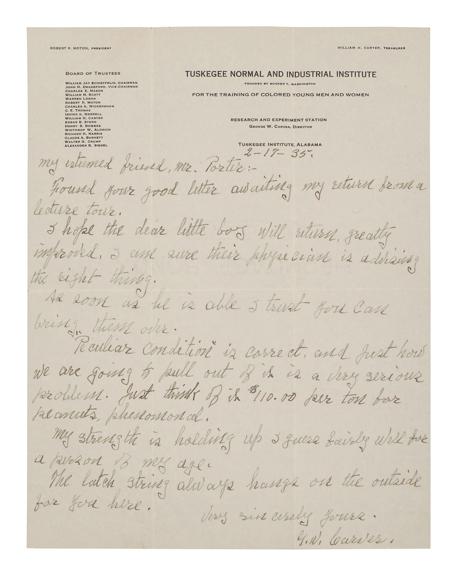 CARVER, George Washington (1860s-1943). Autograph letter signed (“G.W. Carver.”), as Director of Research and Experiment Station at Tuskegee Institute, to Grady Porter. Tuskegee, 17 February 1935. 1 page, 8vo, on Tuskegee Normal and Industrial Institute letterhead, with envelope, light creasing.