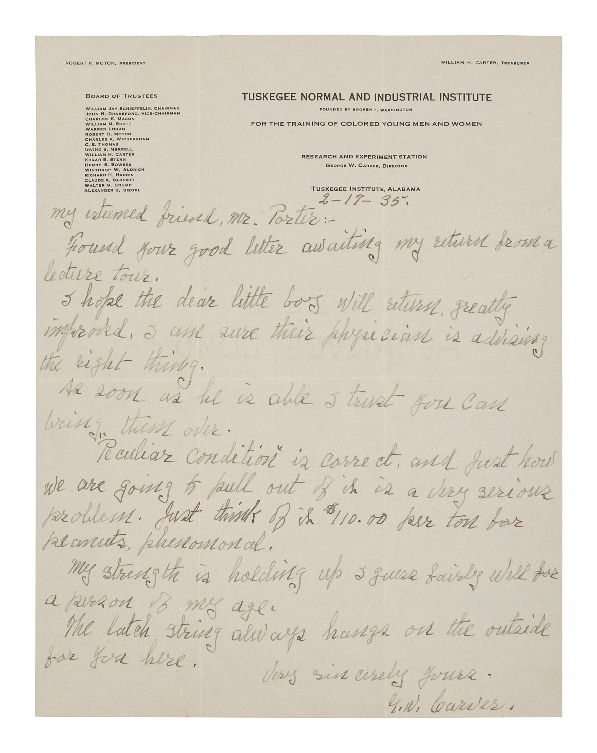 CARVER, George Washington (1860s-1943). Autograph letter signed (“G.W. Carver.”), as Director of Research and Experiment Station at Tuskegee Institute, to Grady Porter. Tuskegee, 17 February 1935. 1 page, 8vo, on Tuskegee Normal and Industrial Institute letterhead, with envelope, light creasing.